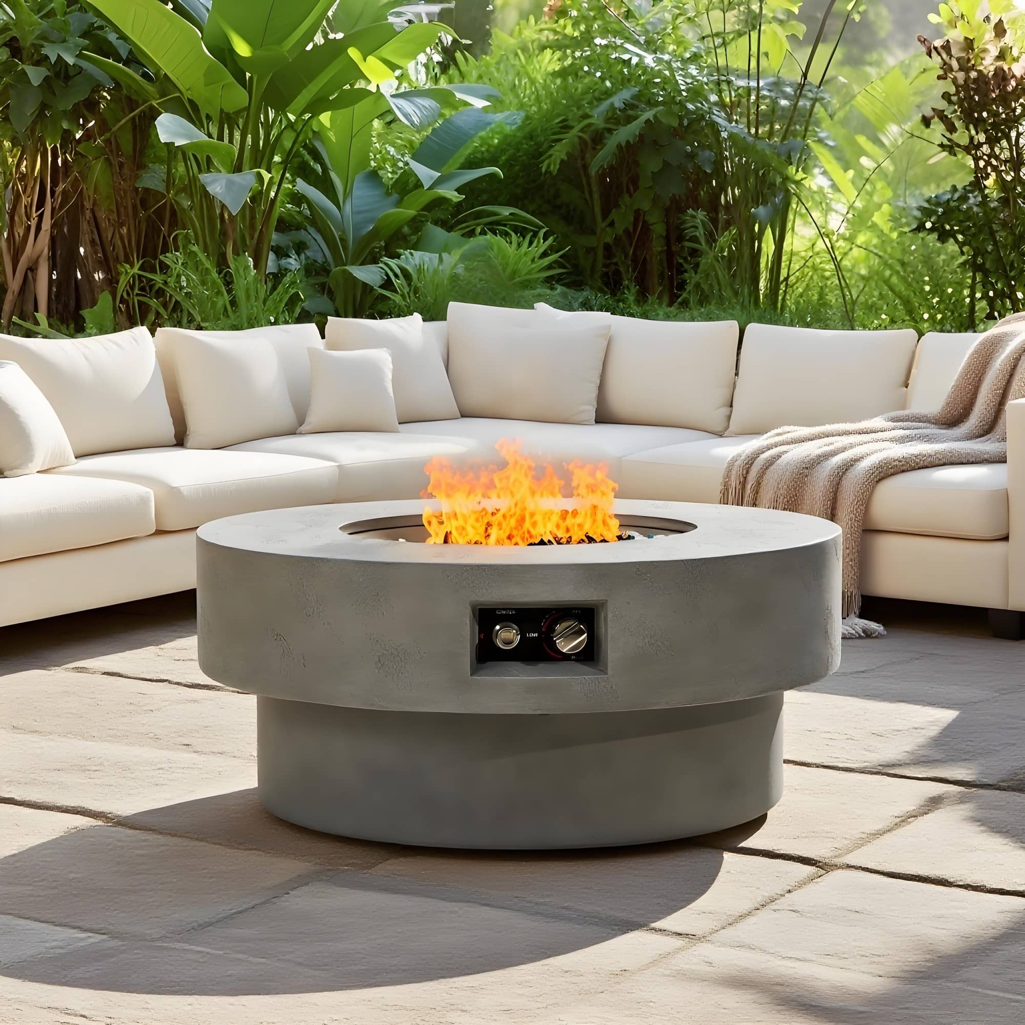 Mondawe - 34" round propane fire pit Table with Glass Rocks - Gray