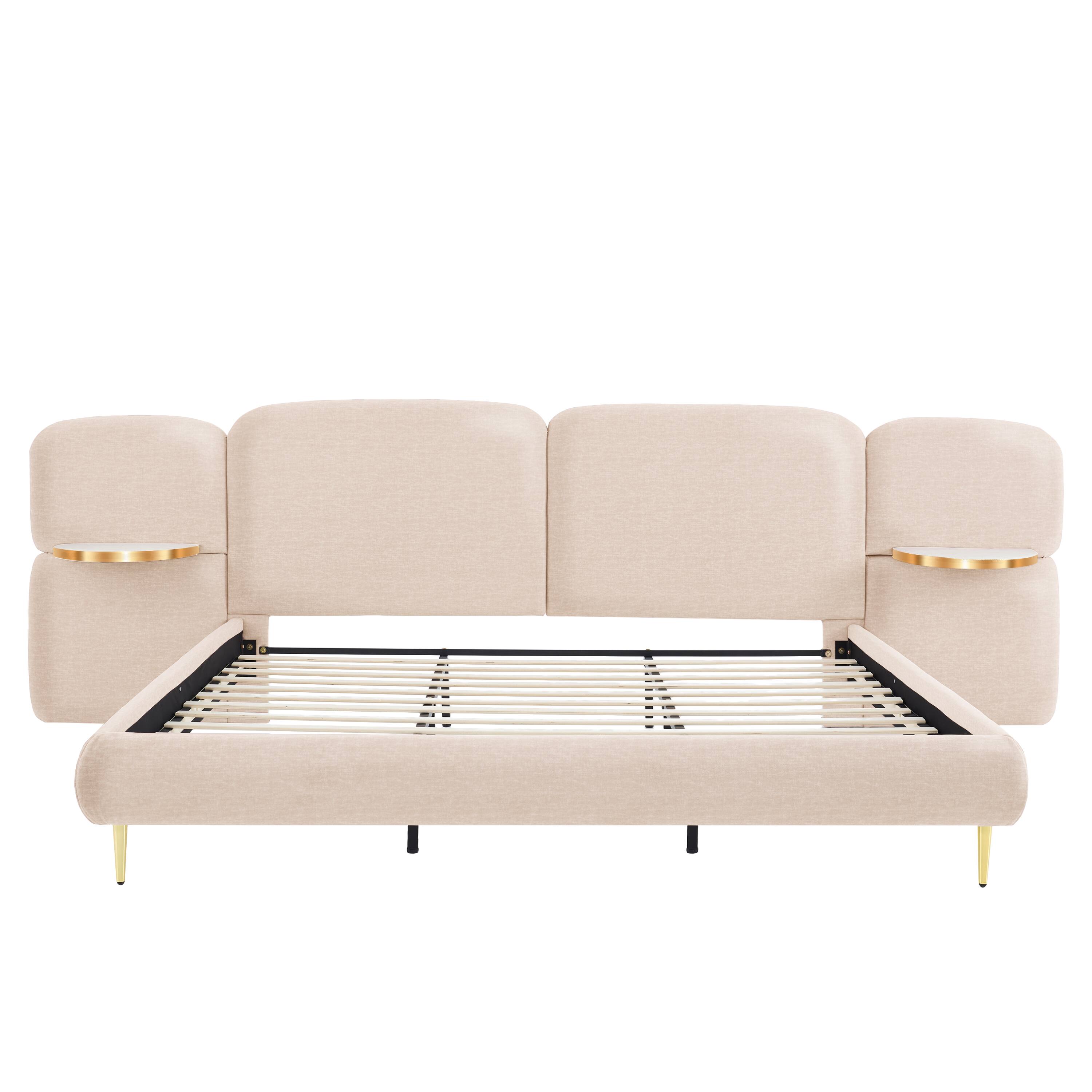 Left. Whisen - Upholstered Platform Bed with Block-Shaped Headboard and Integrated Side Table Shelves - Beige.