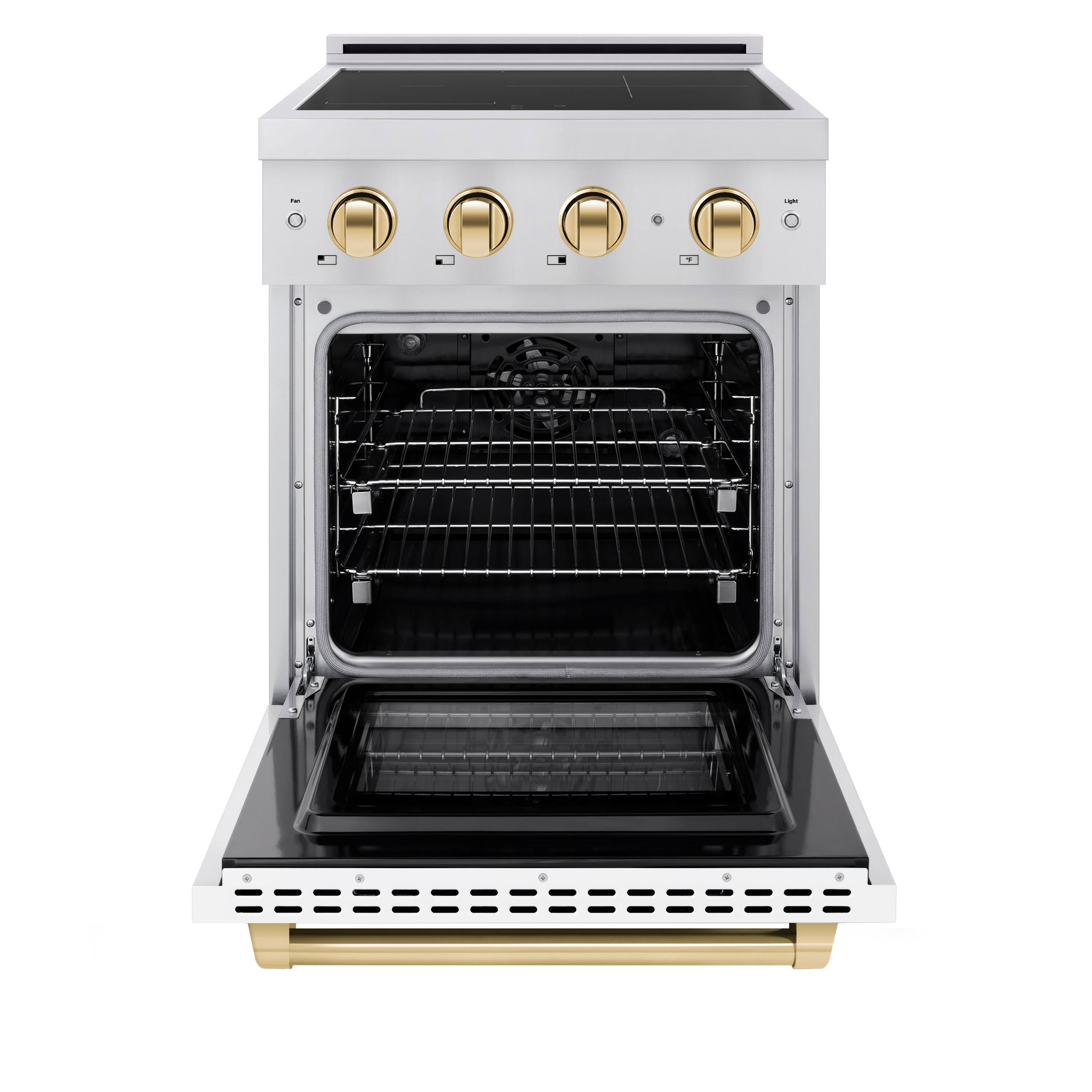 Angle. ZLINE - Autograph 24 in. 3.2 cu. ft. Paramount Freestanding Induction Range with 3 Burners and Gold Accents with White Door - White Matte.