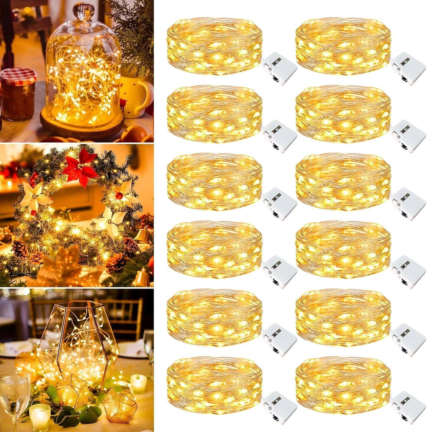 Veranti - 12-Pack Fairy String Lights, 7FT 20 LED, Battery Powered, IP65 Waterproof, 3 Lighting Modes