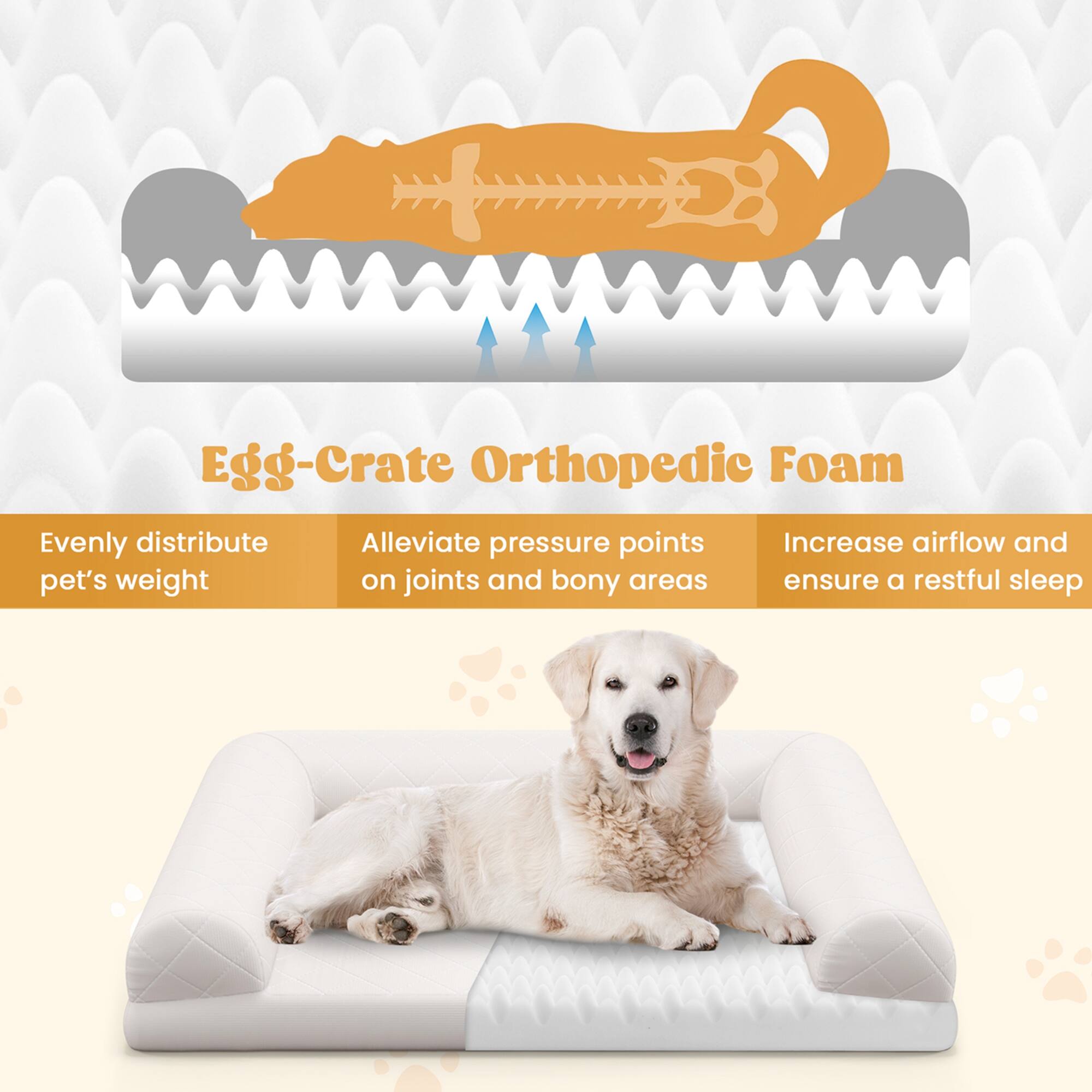 Egg-Crate Orthopedic Foam

- Evenly distribute pet's weight
- Alleviate pressure points on joints and bony areas
- Increase airflow and ensure a restful sleep