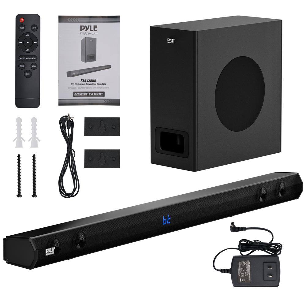 - PYLE
- PyleUSA.com
- PSNV28HB
- 3.5" 2.1 Channel Convertible Soundbar
- Wireless Speaker with Remote Control
- USER GUIDE
- bt
- PYLE
- PYLE
- PYLE