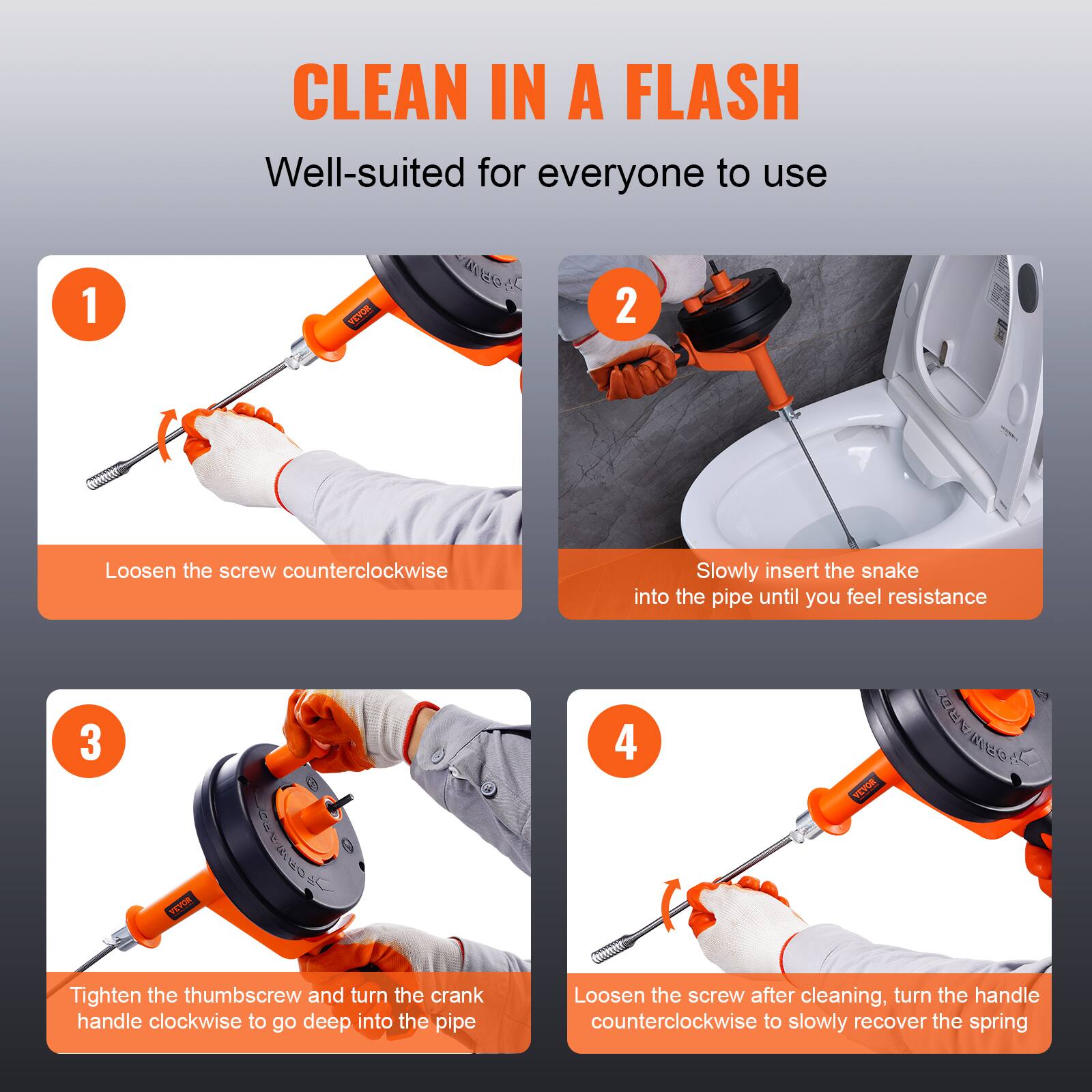 CLEAN IN A FLASH
Well-suited for everyone to use

1. Loosen the screw counterclockwise
2. Slowly insert the snake into the pipe until you feel resistance
3. Tighten the thumbscrew and turn the crank handle clockwise to go deep into the pipe
4. Loosen the screw after cleaning, turn the handle counterclockwise to slowly recover the spring