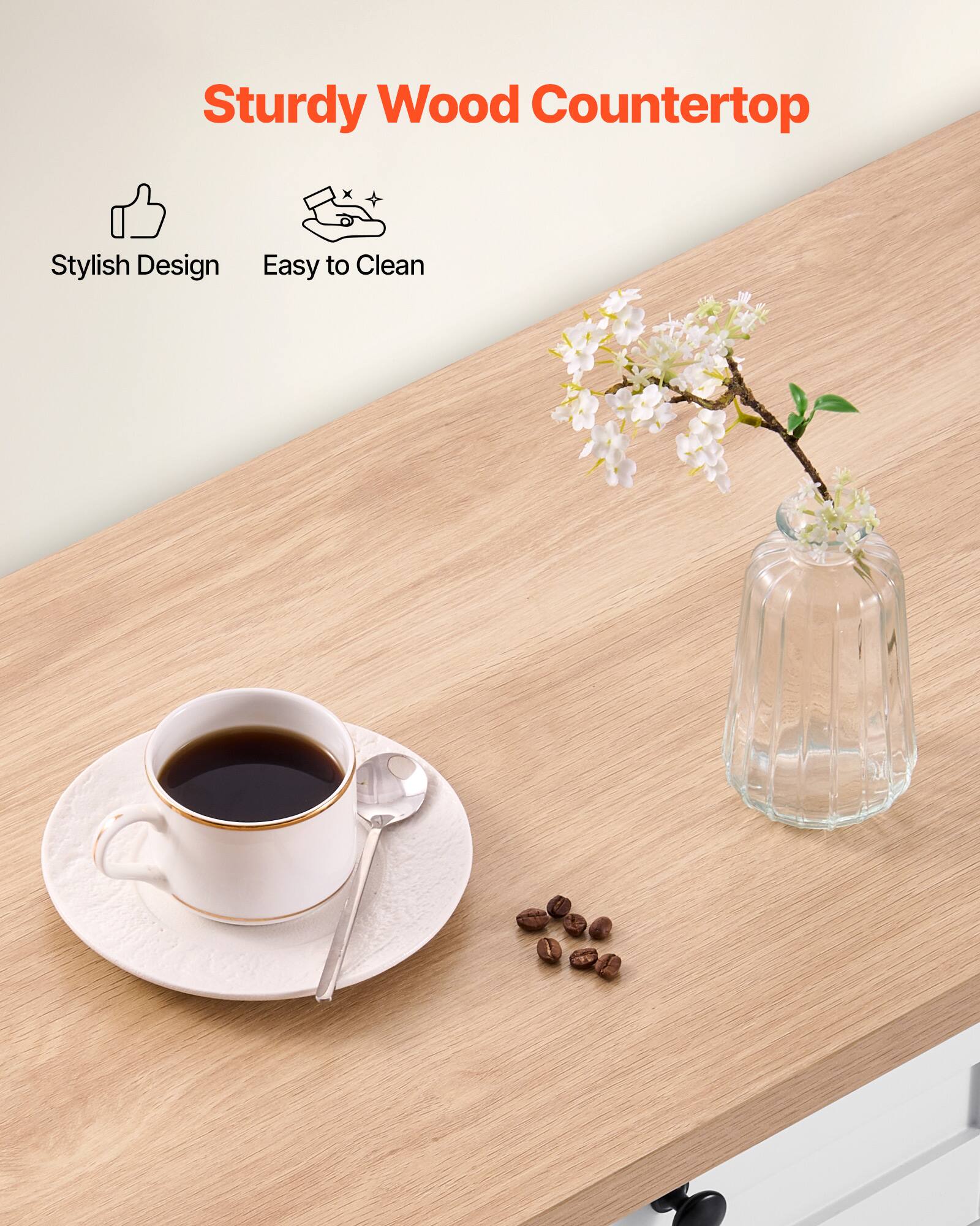 Sturdy Wood Countertop, Stylish Design, Easy to Clean