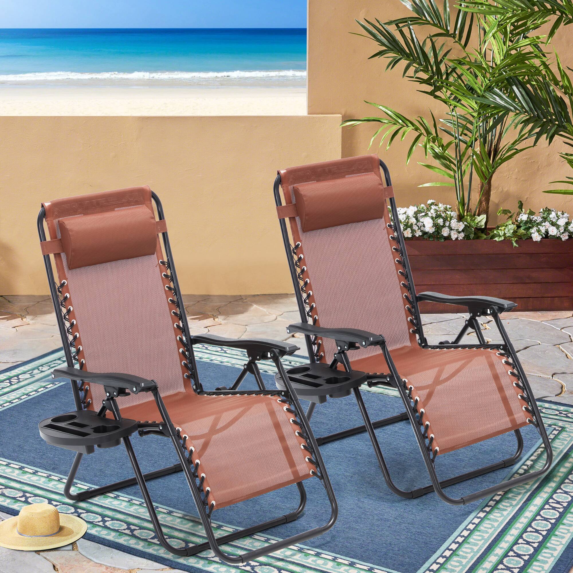 Angle. U-HOMY - Zero Gravity Reclining Lounge Chair Set of 2 Outdoor Folding Recliners with Cup Holder and Weather Resistant Fabric - Brown.