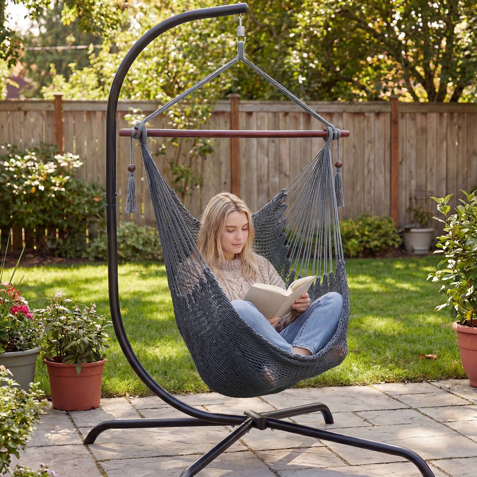 Alt View 1. Gymax - Gymax Caribbean Hammock Chair Large Soft-Spun Hanging Chair w/ Metal Spreader Bar Gray - Gray.