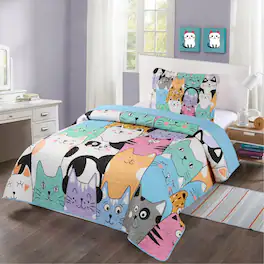 MarCielo - Kids Quilt Bedspread Set For Teens Girls Bedding Cat - Blue