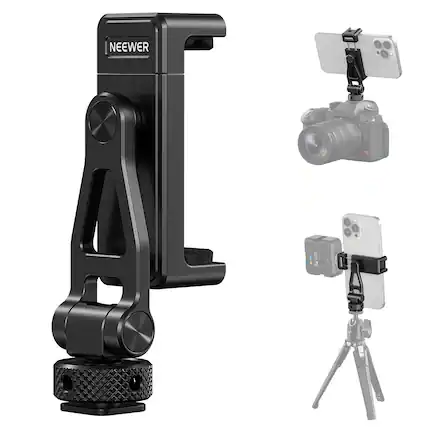 Front. Neewer - Metal Phone Tripod Mount with Cold Shoes - 360° Rotating Holder for iPhone & Camera Cage - Black.