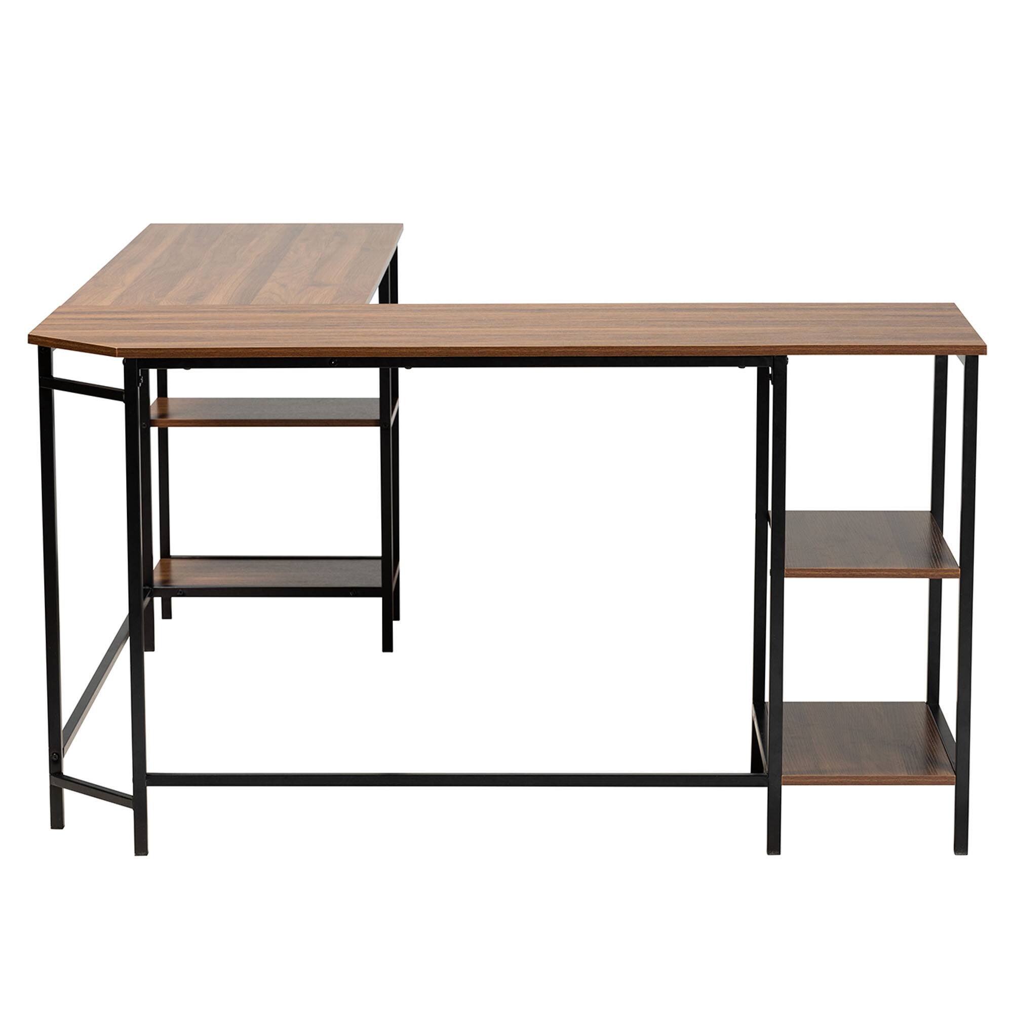 Left. Baxton Studio - Lydia Modern Finished Wood and Metal L-Shaped Corner Desk with Shelves - Walnut Brown/Black.