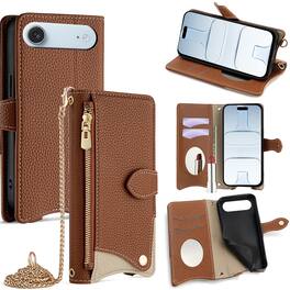 Dteck - Crossbody Wallet Case for Apple iPhone Air, Elegant Zipper PU Leather Folio Stand Protective Cover, Built-in Mini Mirror - Brown
