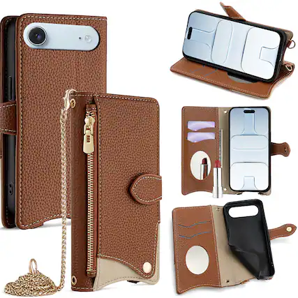 Front. Dteck - Crossbody Wallet Case for Apple iPhone Air, Elegant Zipper PU Leather Folio Stand Protective Cover, Built-in Mini Mirror - Brown.