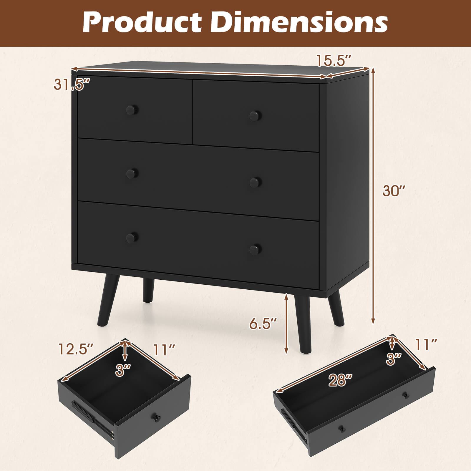 Product Dimensions

- Width: 31.5"
- Depth: 15.5"
- Height: 30"
- Drawer 1: 12.5" (width) x 11" (depth) x 3" (height)
- Drawer 2: 28" (width) x 11" (depth) x 3" (height)
- Leg Height: 6.5"
