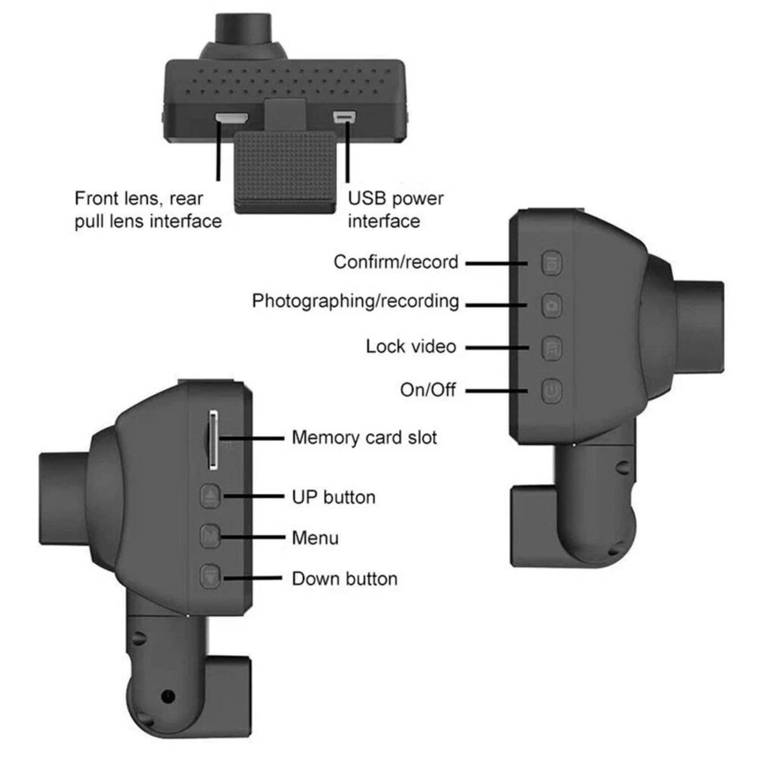 Front lens, rear pull lens interface  
USB power interface  
Confirm/record  
Photographing/recording  
Lock video  
On/Off  
Memory card slot  
UP button  
Menu  
Down button