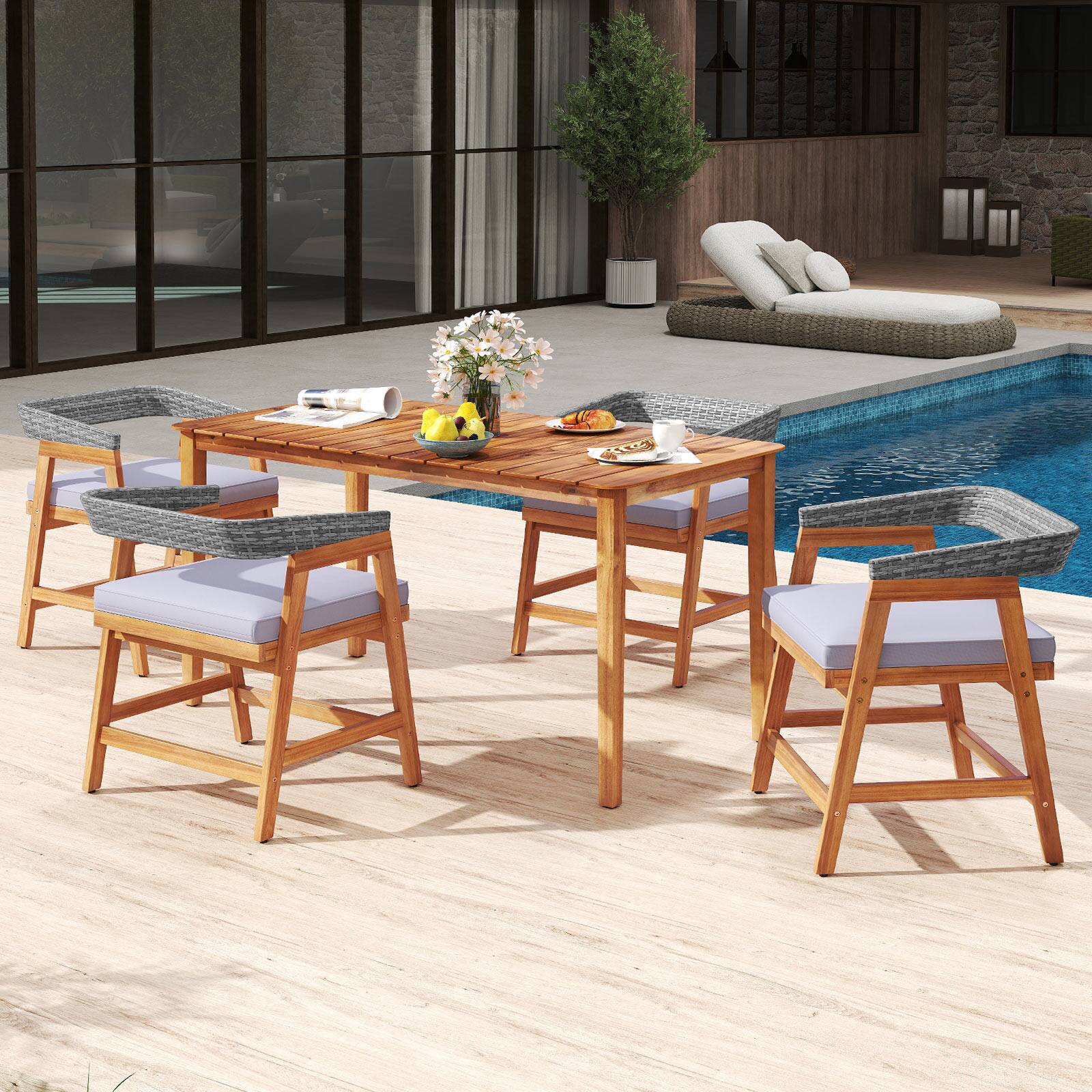 Alt View 1. Gymax - Gymax 5PCS Patio Dining Set Solid Wood Furniture w/ Rattan Backrest & Seat Cushions - Mix Gray.