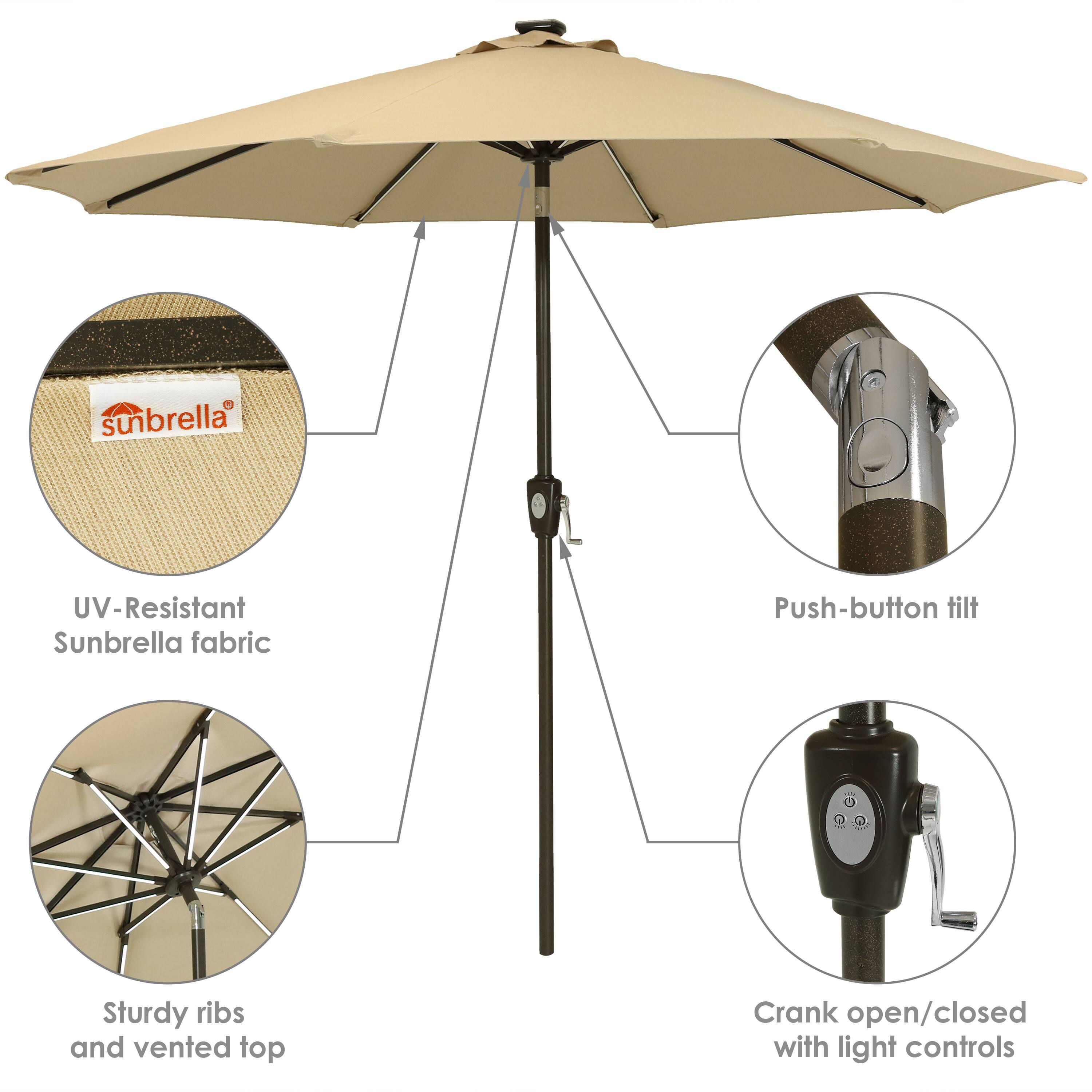 - UV-Resistant Sunbrella fabric
- Push-button tilt
- Sturdy ribs and vented top
- Crank open/closed with light controls
