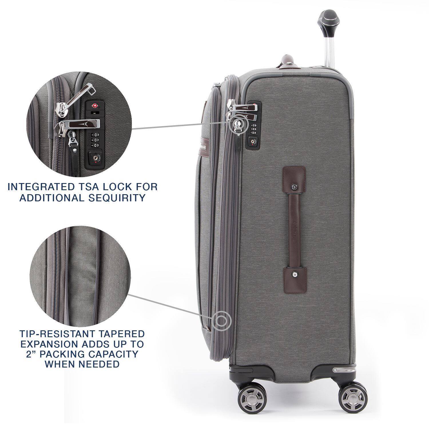 - -C -01 - T  T.E  
INTEGRATED TSA LOCK FOR ADDITIONAL SECURITY  
TIP-RESISTANT TAPERED EXPANSION ADDS UP TO 2" PACKING CAPACITY WHEN NEEDED