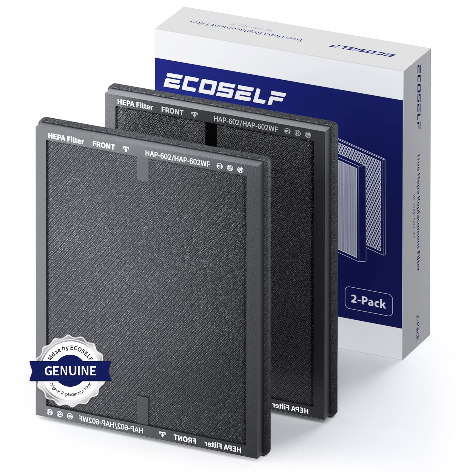Sure, here is the corrected and grouped text from the image:

---

**ECOSSELF**

**HEPA Filter FRONT T HAP-602/HAP-602WF**

**2-Pack**

**Made by ECOSSELF**

**GENUINE Original Replacement Filter**

**HEPA Filter FRONT T HAP-602/HAP-602WF**

**The HEPA Filter**

**2-Pack**

**Made by ECOSSELF**

**Original Replacement Filter**

---

This text is grouped and corrected based on the visible information in the image.