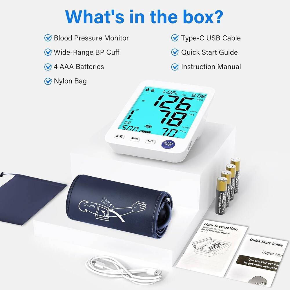 What's in the box?

- Blood Pressure Monitor
- Wide-Range BP Cuff
- 4 AAA Batteries
- Nylon Bag
- Type-C USB Cable
- Quick Start Guide
- Instruction Manual

User instruction
Blood Pressure Monitor

Quick Start Guide
Upper Arm
Use the Correct Position to get more accurate