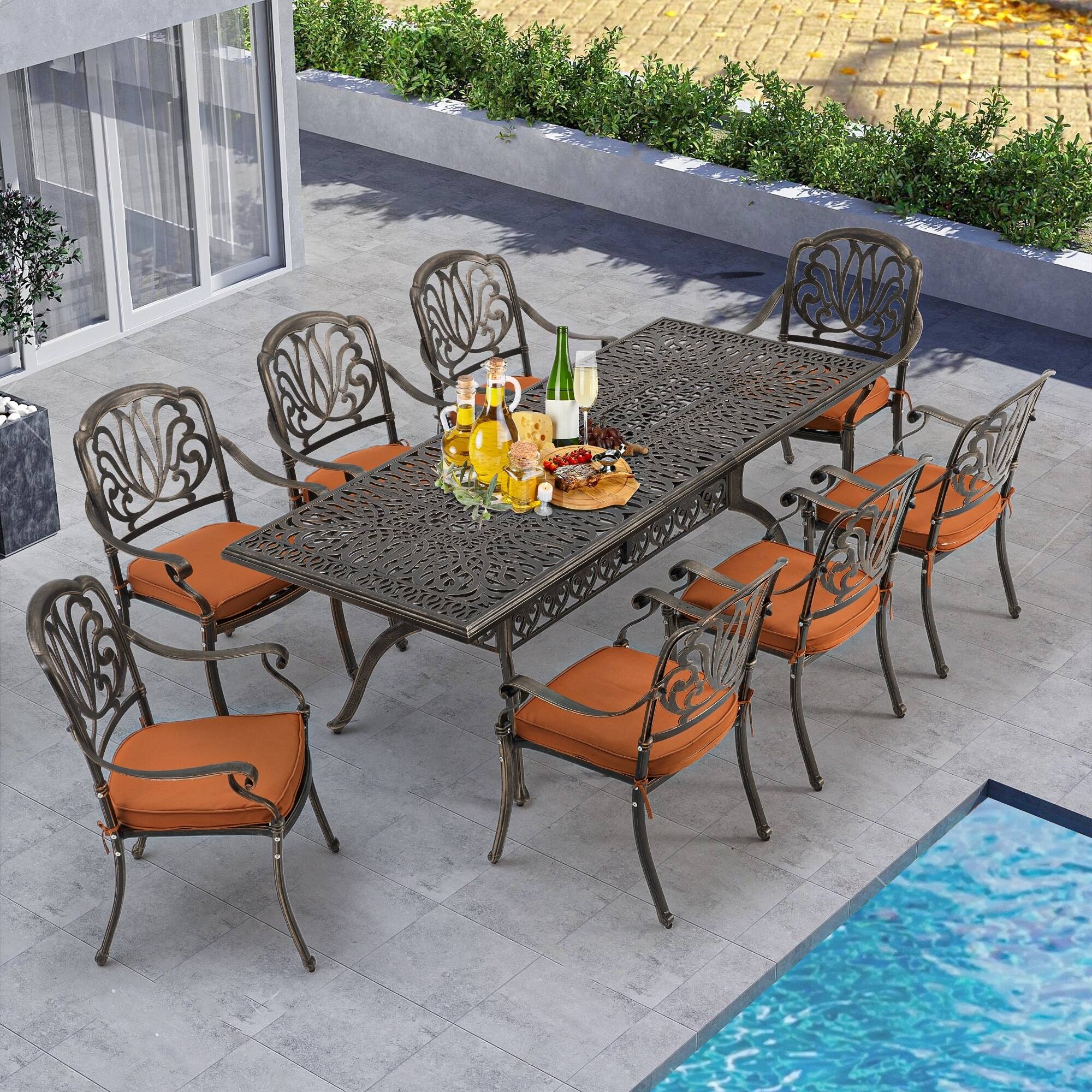 Left. U-HOMY - 9-Piece Outdoor Dining Set with Table and 8 Chairs, All-Weather Aluminum Patio Furniture for Backyard or Garden - Black.