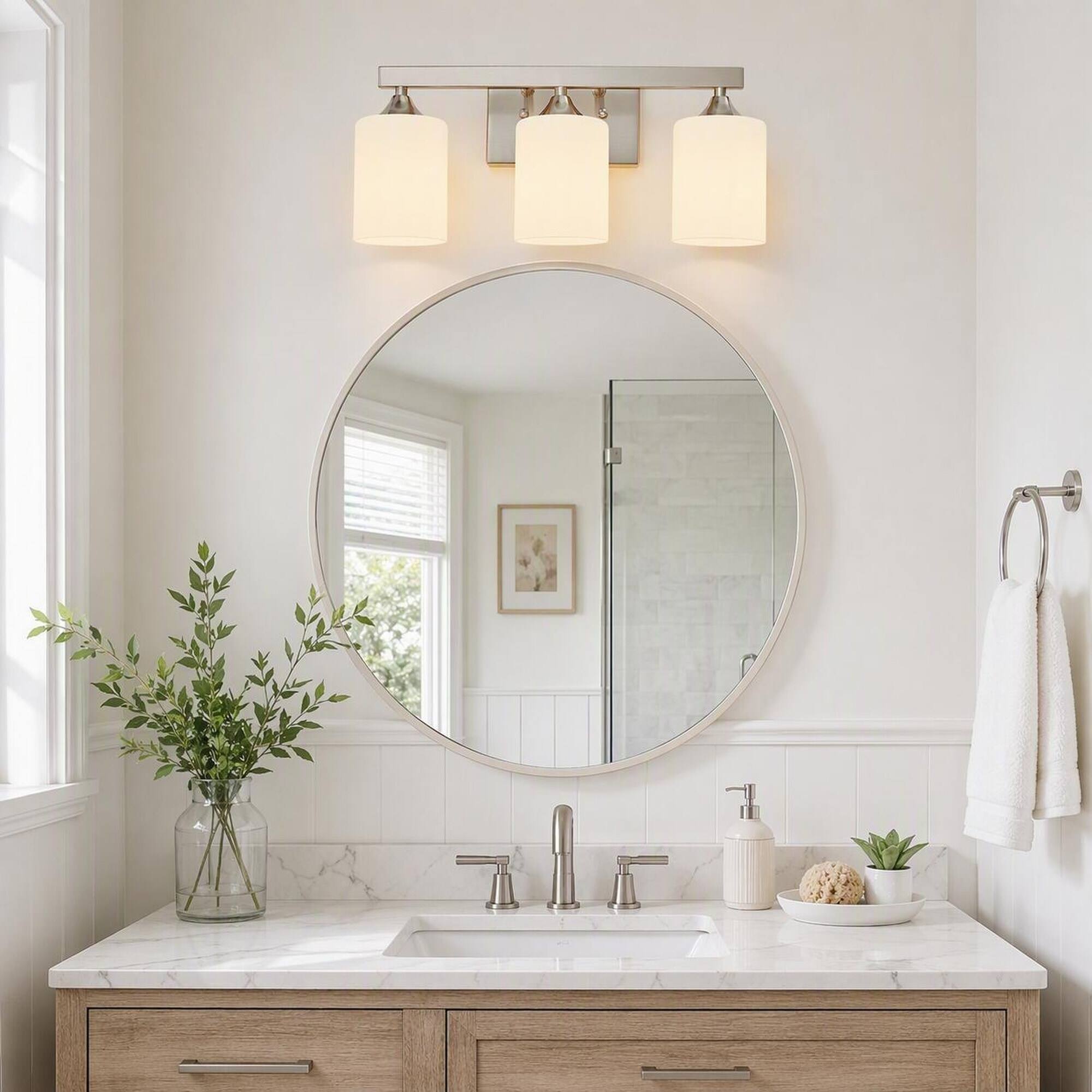 Angle. RYHNUYNE - 3-Light Brushed Nickel Bathroom Vanity Light with Frosted Cylinder Shades, Damp-Rated Wall Sconce.