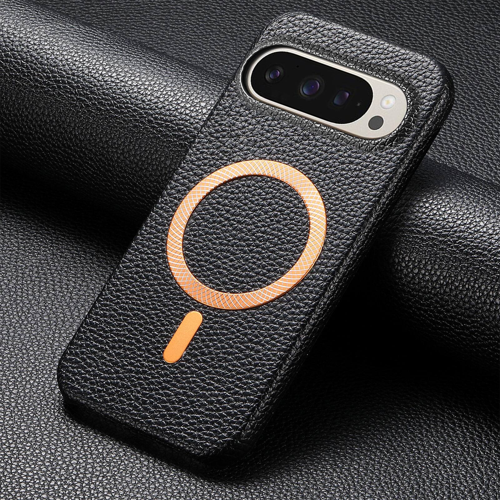 Left. Dteck - Lychee Texture Case for Google Pixel 10 Pro XL, Premium PU Leather Magnetic Shockproof Hard PC Cover with Raised Edges - Black.