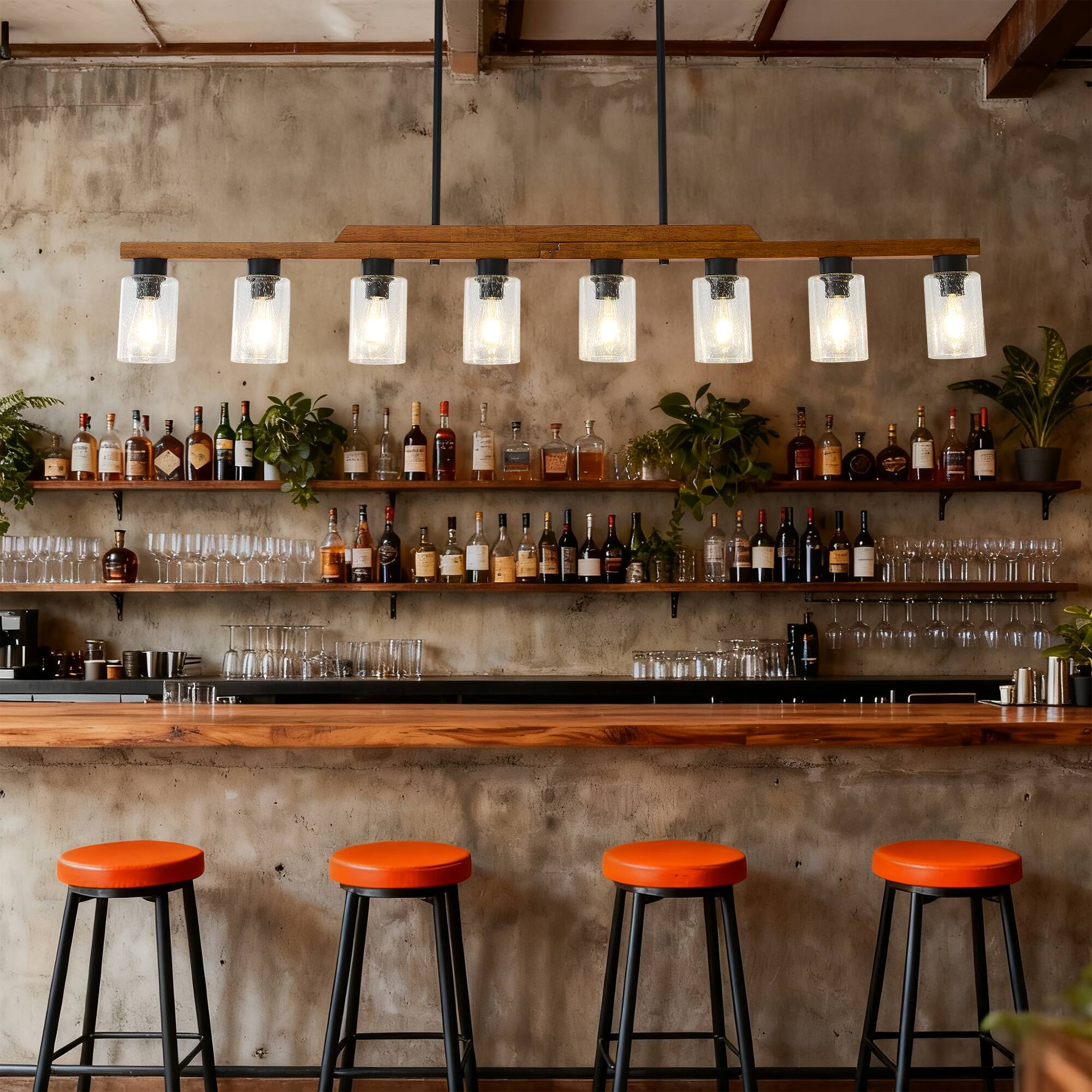 Angle. RYHNUYNE - 8-Light Rustic Chandelier, 59 Inch Wood Linear Pendant Light with Seed Glass Shades Adjustable Farmhouse Island Lighting.