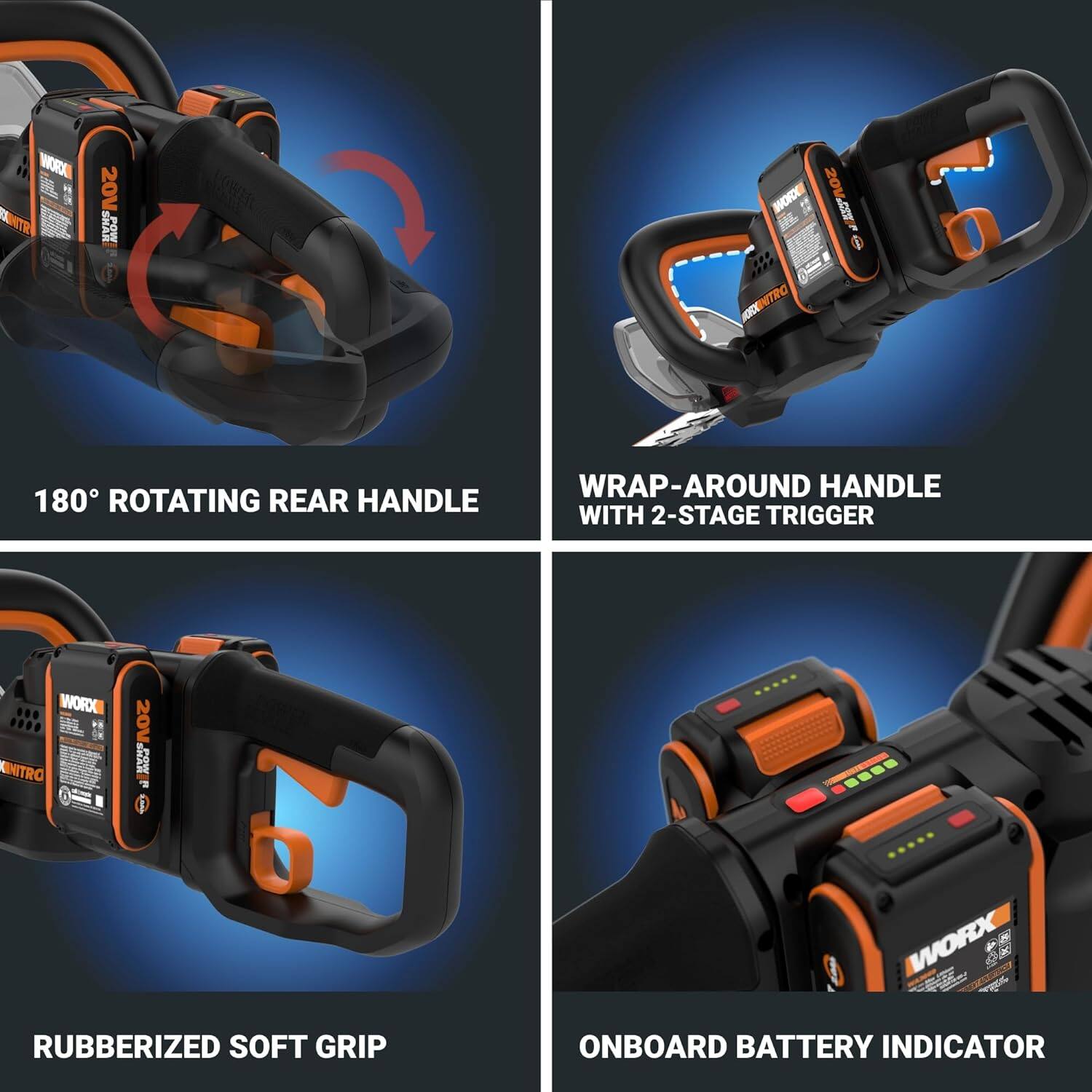 The image shows a set of instructions for a Moro Country 20V cordless work tool. The tool has a rotating rear handle, a wrap-around handle, and an onboard battery indicator. The instructions include information about the tool's features and how to use them effectively.