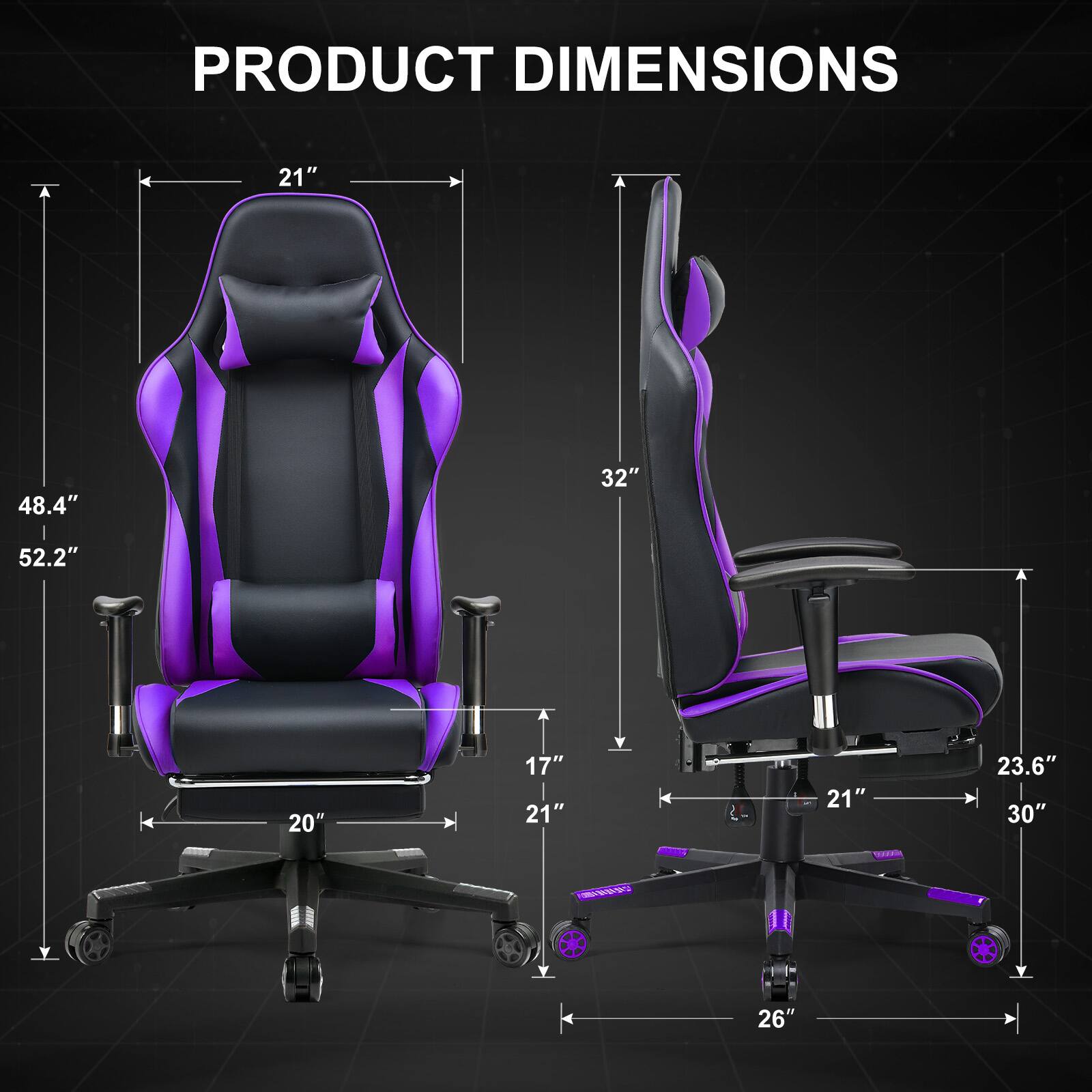 PRODUCT DIMENSIONS

21"
48.4"
32"
52.2"
20"
17" 21"
21"
23.6" 30"
26"