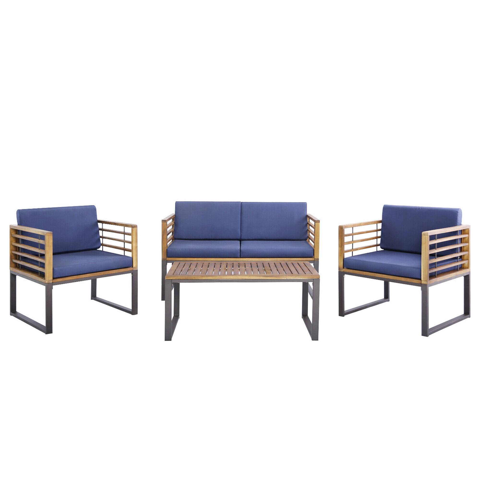 Alt View 1. Gymax - Gymax 4PCS Acacia Wood Patio Conversation Set Outdoor Furniture Set w/ Navy Cushions - Navy.