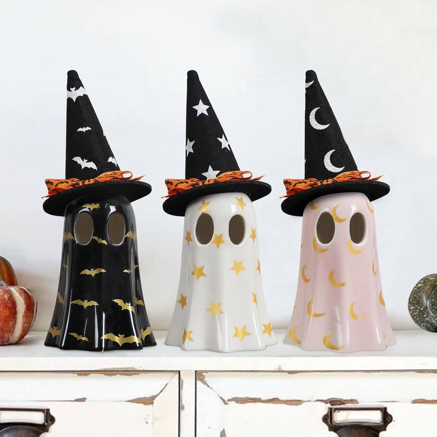 Alt View 1. Sunoyar - Halloween Ceramic Ghost Figurines with Witch Hats and Tea Lights 3 Piece Set - White.