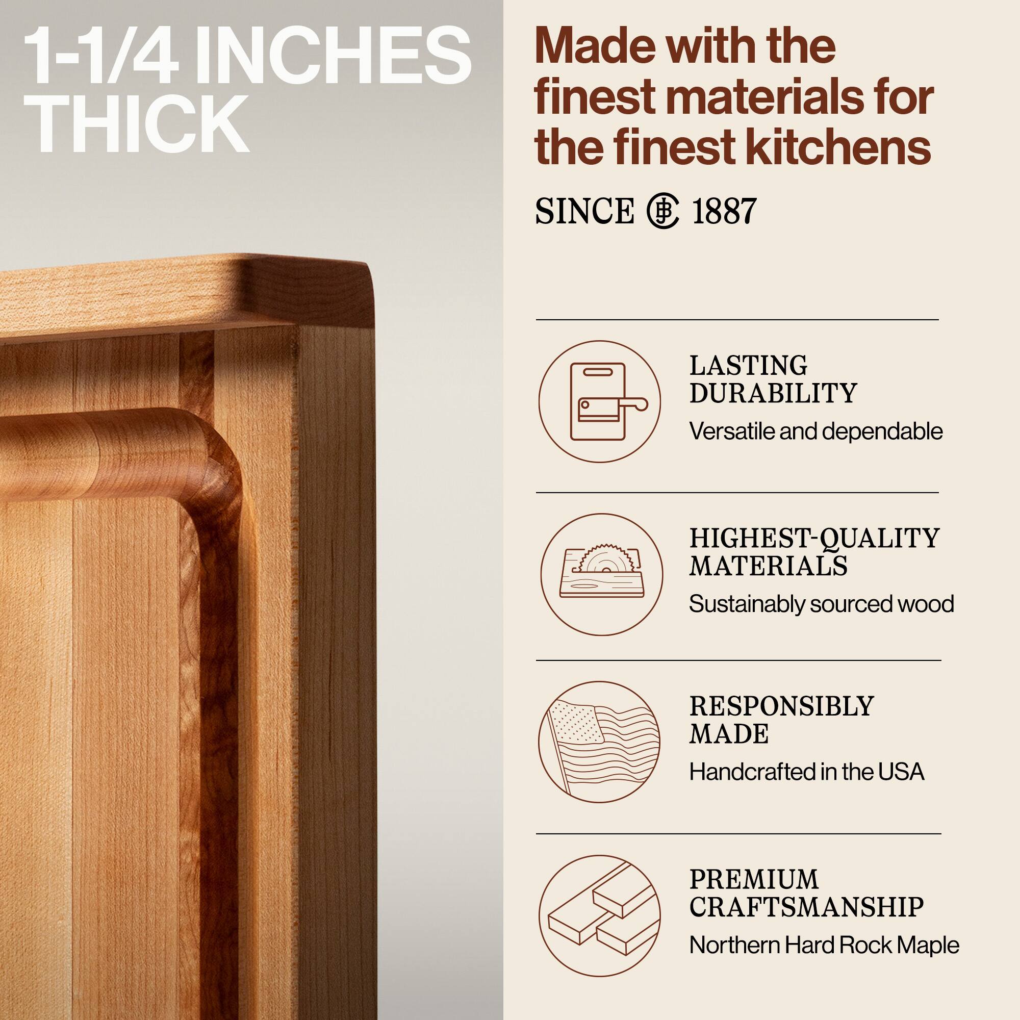 1-1/4 INCHES THICK

Made with the finest materials for the finest kitchens

SINCE 1887

LASTING DURABILITY
Versatile and dependable

HIGHEST-QUALITY MATERIALS
Sustainably sourced wood

RESPONSIBLY MADE
Handcrafted in the USA

PREMIUM CRAFTSMANSHIP
Northern Hard Rock Maple