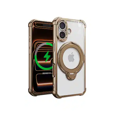 Front. Dteck - Mag Safe Case For Apple iPhone 17 Plating Shock-Resistant Anti-Scratch Ring Kickstand Rugged Cover - Gold.
