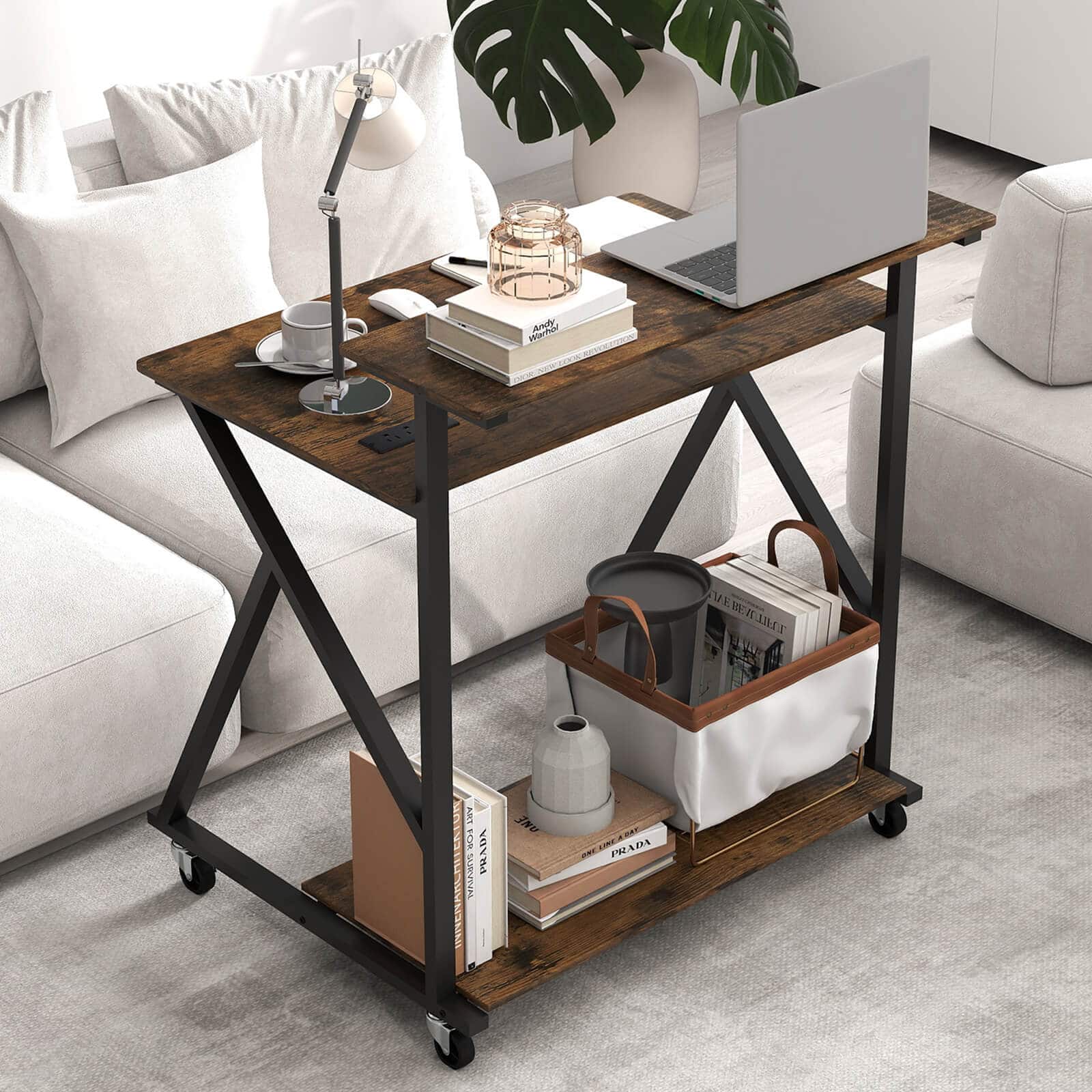 Costway - Rolling Computer Desk, 32" Laptop Desk with Charging Station & Monitor Shelf - Rustic Brown