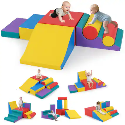 Front. Gymax - Gymax 7 PCS Toddler Climbing Blocks w/Hook & Loop Fasteners & Gift for 1+ Baby - Multicolor.