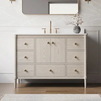 Front. WELLFOR - ETHAN 48 in. Solid Wood Bath Vanity with Quartz Top, Single Sink, Soft Close, Assembled - OAK.