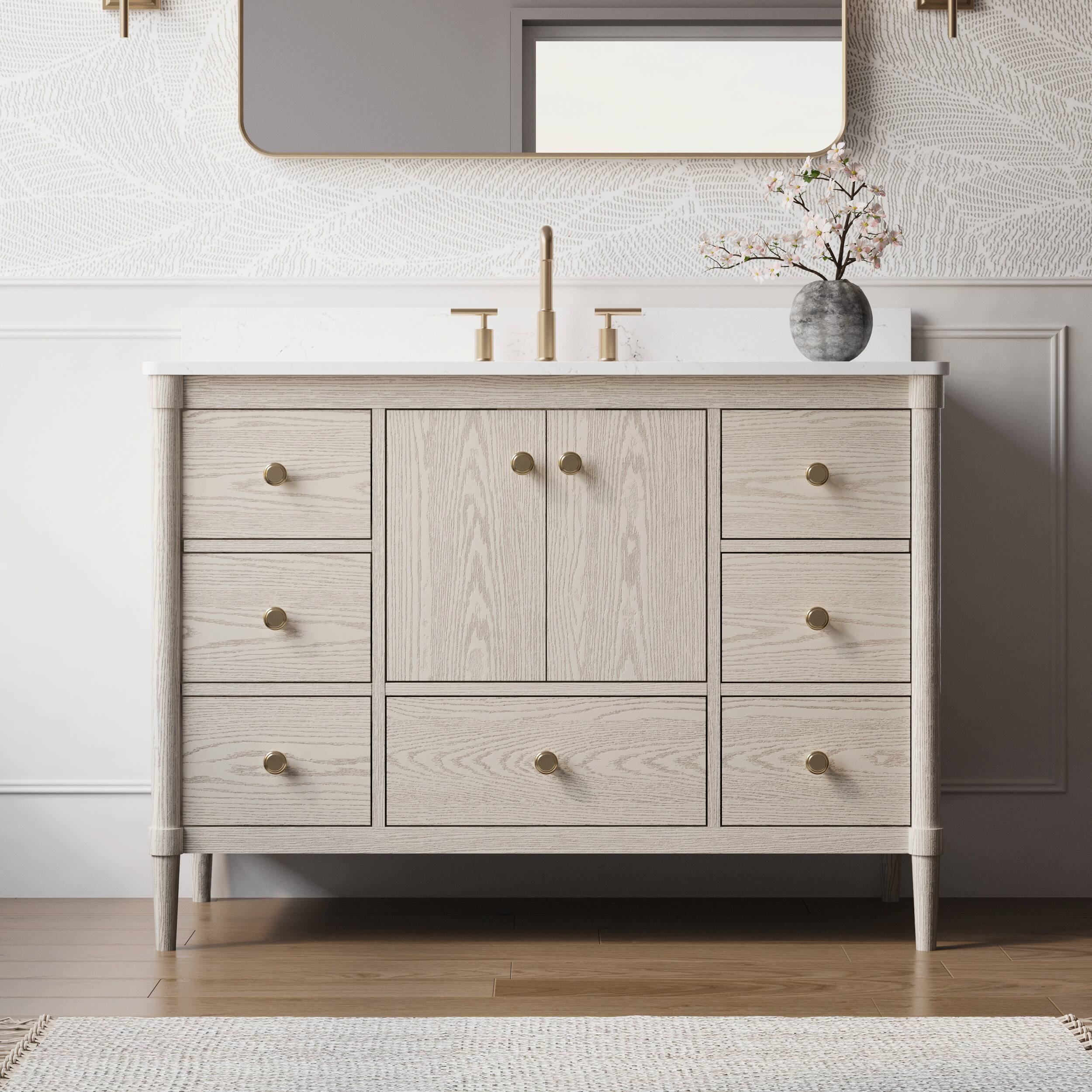 Front. WELLFOR - ETHAN 48 in. Solid Wood Bath Vanity with Quartz Top, Single Sink, Soft Close, Assembled - OAK.