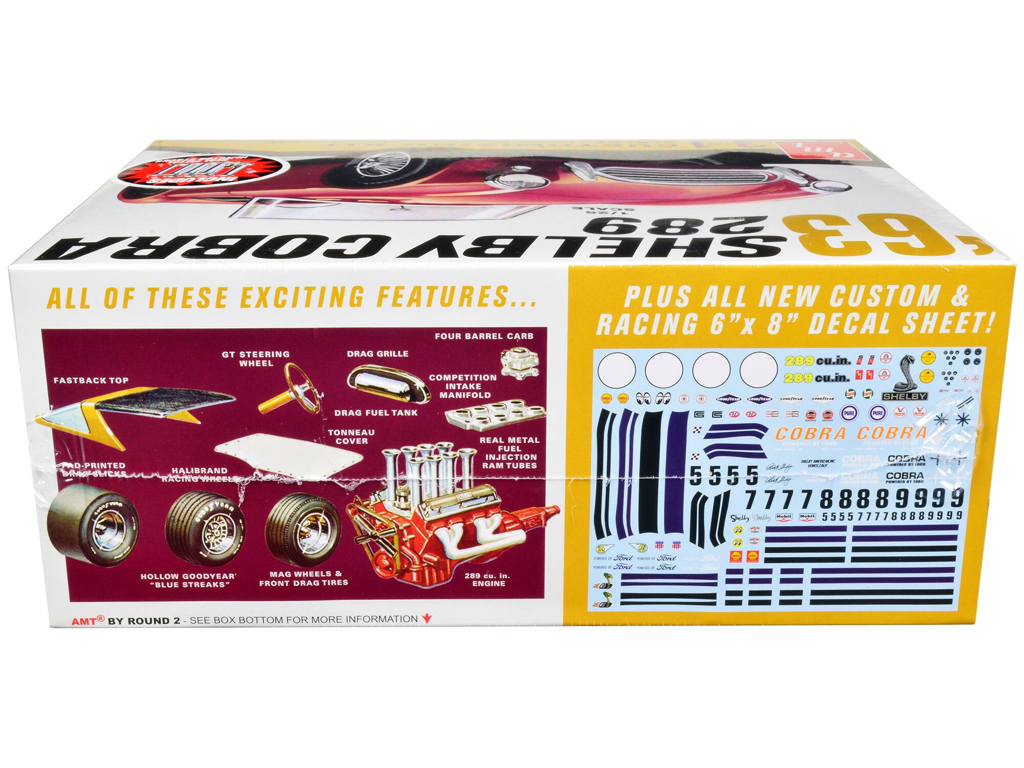 Sure, here is the corrected and grouped text from the image:

---

**STV S 289 03 COBRA SHELBY**

**ALL OF THESE EXCITING FEATURES...**

- FASTBACK TOP
- GT STEERING WHEEL
- FOUR BARREL CARB
- DRAG GRILLE
- COMPETITION INTAKE MANIFOLD
- 289 cu.in. ENGINE
- DRAG FUEL TANK
- TONNEAU COVER
- REAL METAL FUEL INJECTION RAM TUBES
- HALIBRAND MAG WHEELS
- HOLLOW GOODYEAR "BLUE STREAKS" FRONT DRAG TIRES
- PAD PRINTED BRAKES
- 289 cu.in. ENGINE

**PLUS ALL NEW CUSTOM & RACING 6"x 8" DECAL SHEET!**

- 289 cu.in. ENGINE
- 289 cu.in. ENGINE

**COBRA COBRA COBRA**

**5555 7777 8888 9999**

**5555 7777 8888 9999**

**Sh