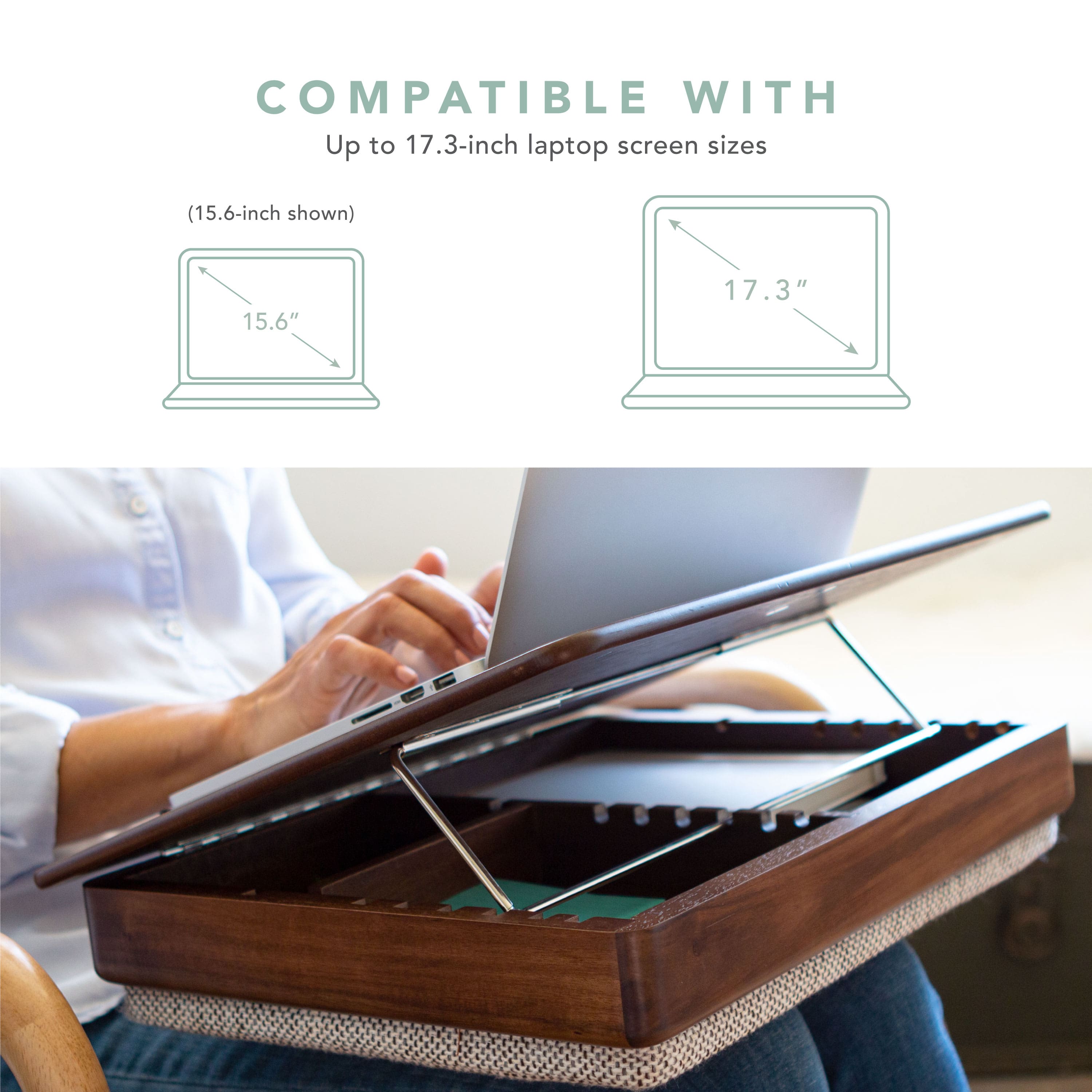 The text on the image reads "COMPATIBLE WITH Up to 17.3-inch laptop screen sizes (15.6-inch shown) 15.6" 17.3". This text is describing the compatibility of a laptop stand with various laptop screen sizes, with a specific focus on the 15.6-inch and 17.3-inch screen sizes.