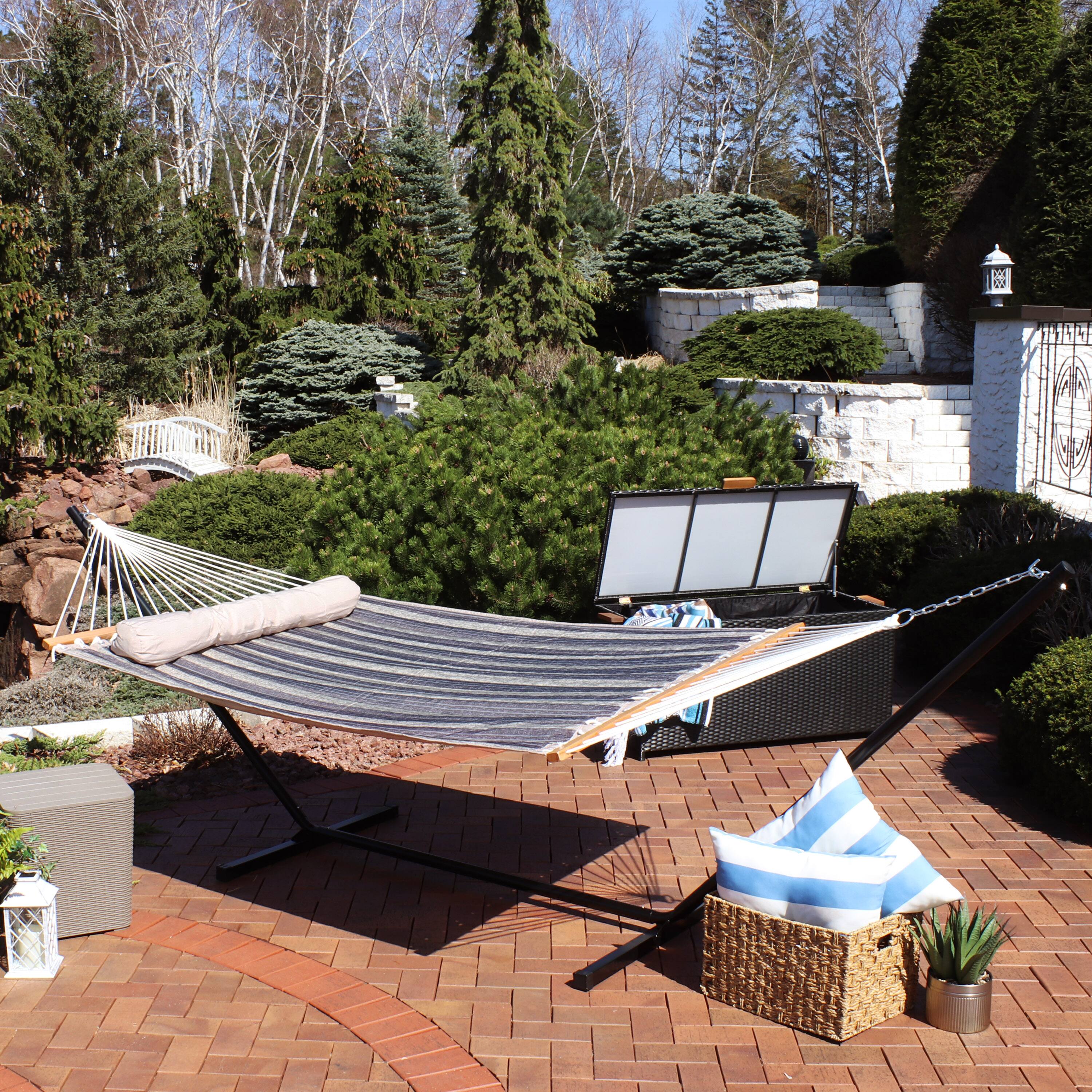 Alt View 3. Sunnydaze - 2-Person Quilted Fabric Hammock with Steel Stand - Mountainside.