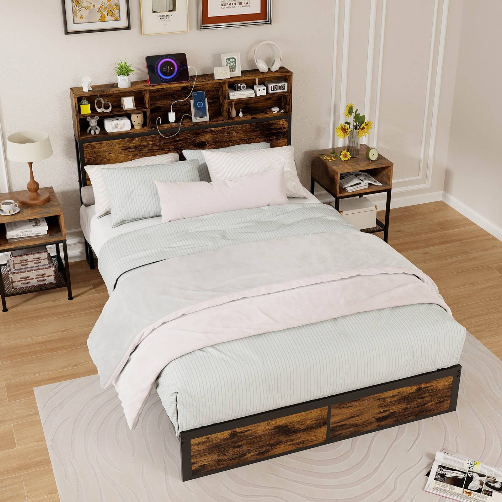 Costway - Full Bed Frame with Charging Station Storage Headboard Under-bed Storage Space - Brown