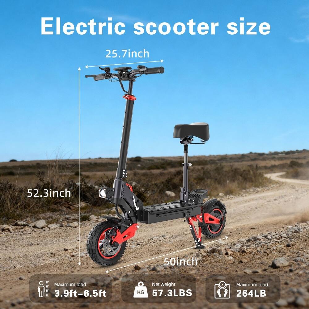 Electric scooter size  
25.7 inch  
52.3 inch  
50 inch  
Maximum load: 3.9ft-6.5ft  
Net weight: 57.3 LBS  
Maximum load: 264 LB