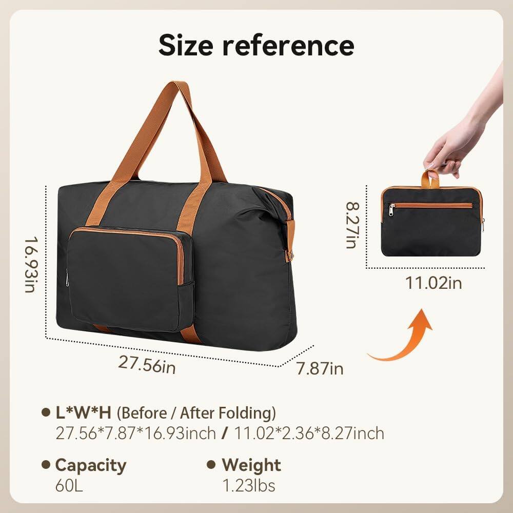 Size reference: 16.93in x 8.27in x 11.02in x 27.56in x 7.87in  
L*W*H (Before / After Folding): 27.56*7.87*16.93inch / 11.02*2.36*8.27inch  
Capacity: 60L  
Weight: 1.23lbs