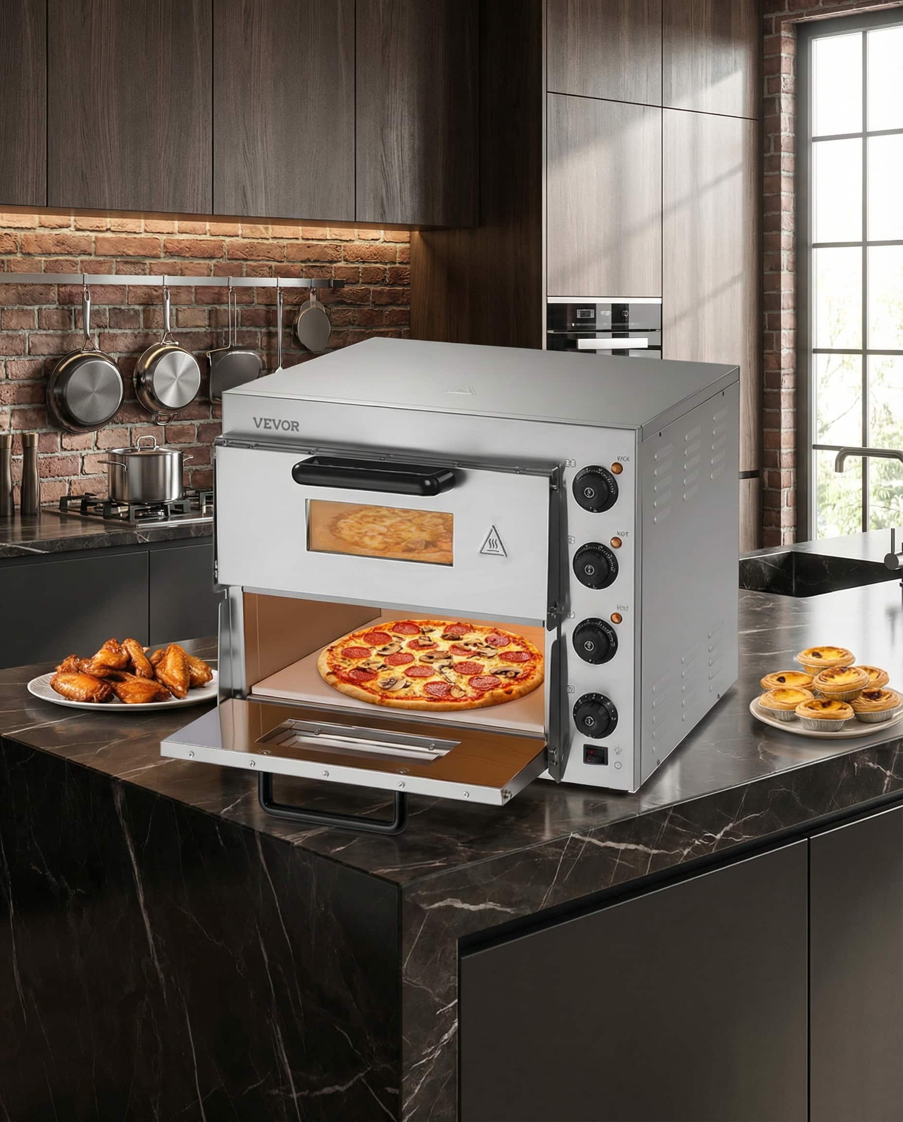 Forest'nSky - 16-Inch Double Layer Commercial Pizza Oven, Stainless Steel Countertop with Included Stone - Silver