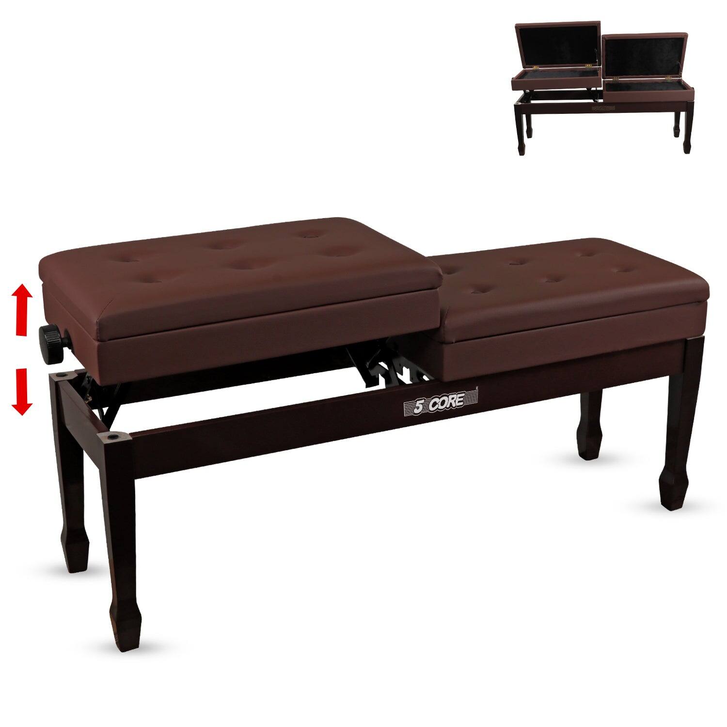 Front. 5 CORE - Duet Piano Bench w Storage For Two Wooden Adjustable Keyboard Stool - Adults & Kids - brown.