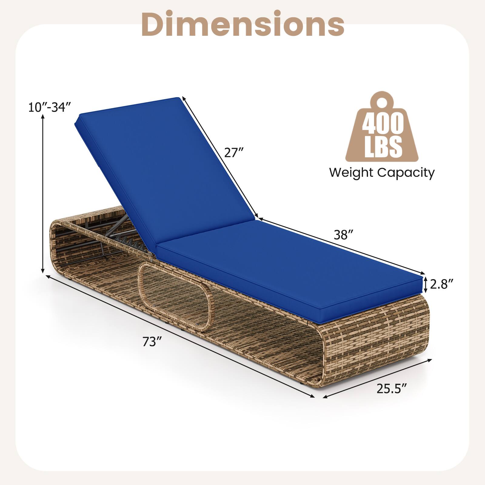 Dimensions: 10"-34", 27", 38", 73", 25.5", 2.8"  
Weight Capacity: 400 LBS