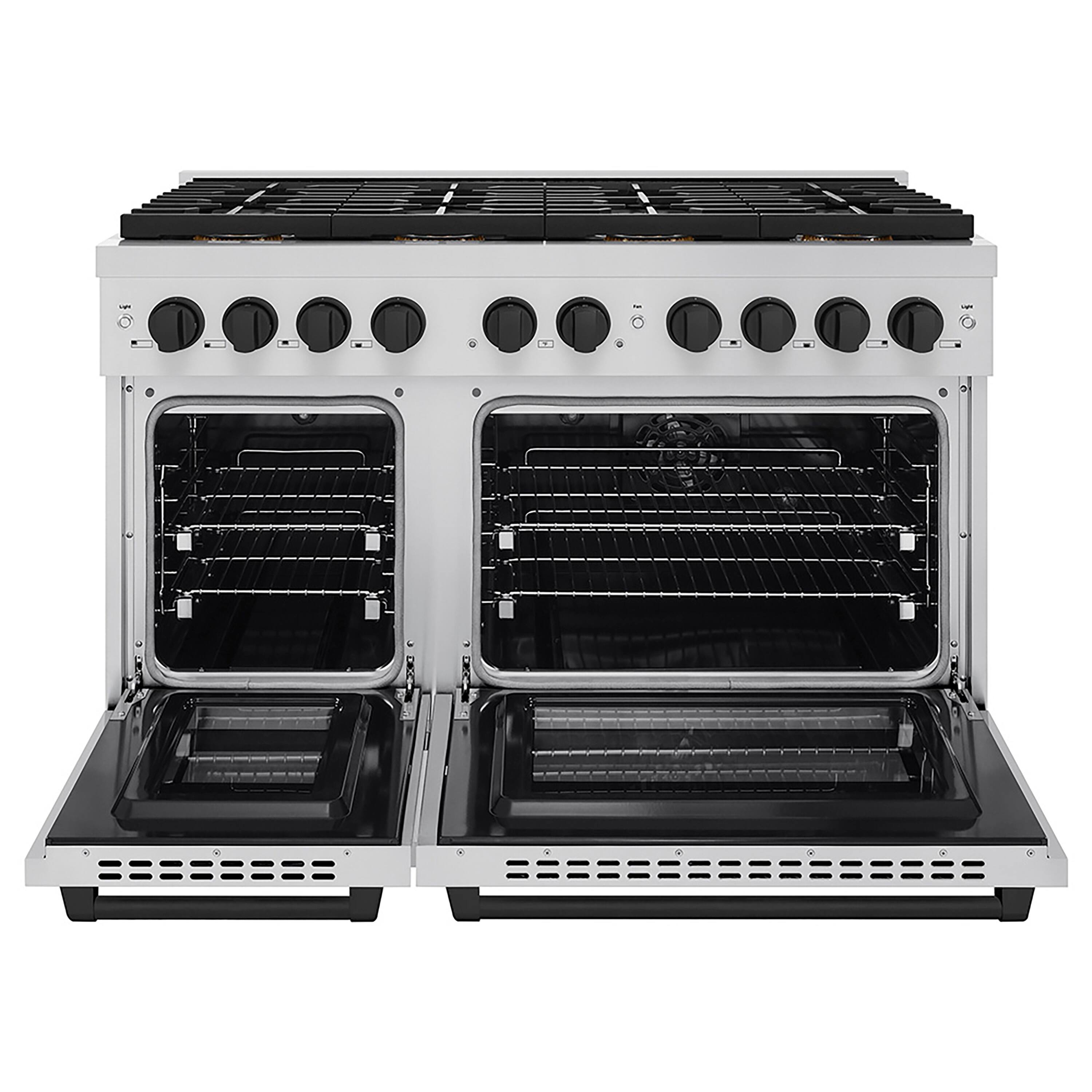Angle. ZLINE - ZLINE Autograph 48 in. Paramount Dual Fuel Range with 8 Burner DuoPro Cooktop and Black Accents (PSDRZ-48-MB) - Stainless Steel.