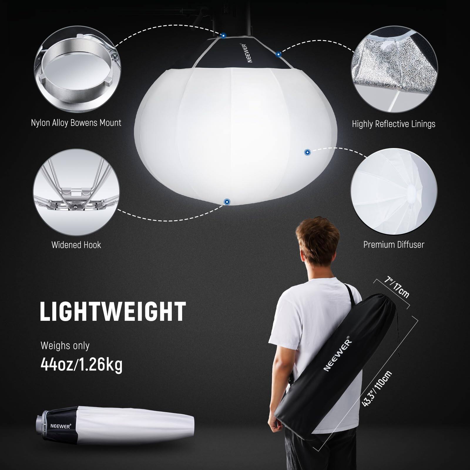 JAMRON Nylon Alloy Bowens Mount Highly Reflective Linings Widened Hook Premium Diffuser LIGHTWEIGHT Weighs only 44oz/1.26kg NEEWER 7"/17cm NEEWER 43.3"/110cm