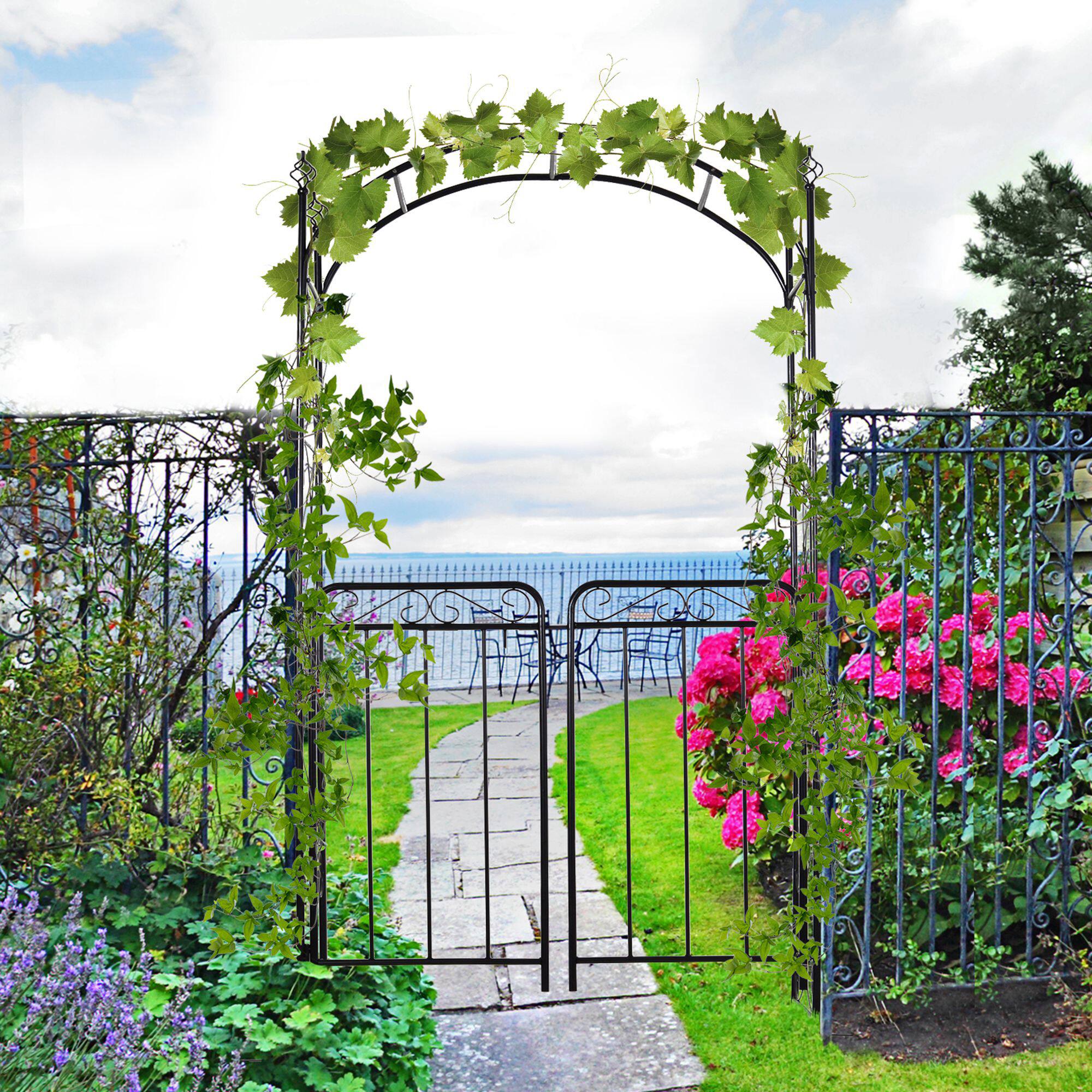 Alt View 1. Outsunny - Arch Arbor with Gate, Metal Arch Trellis, Garden Archway for Climbing Vines - Black.