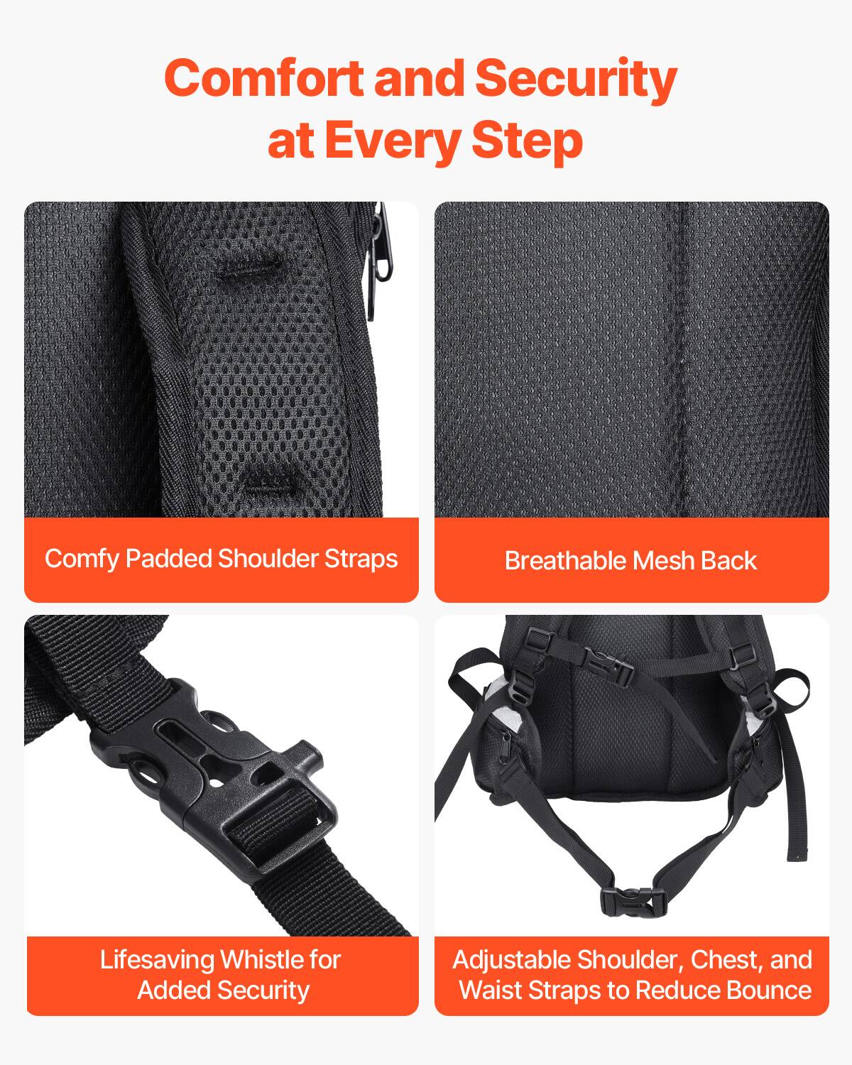 Comfort and Security at Every Step

- Comfy Padded Shoulder Straps
- Breathable Mesh Back
- Lifesaving Whistle for Added Security
- Adjustable Shoulder, Chest, and Waist Straps to Reduce Bounce