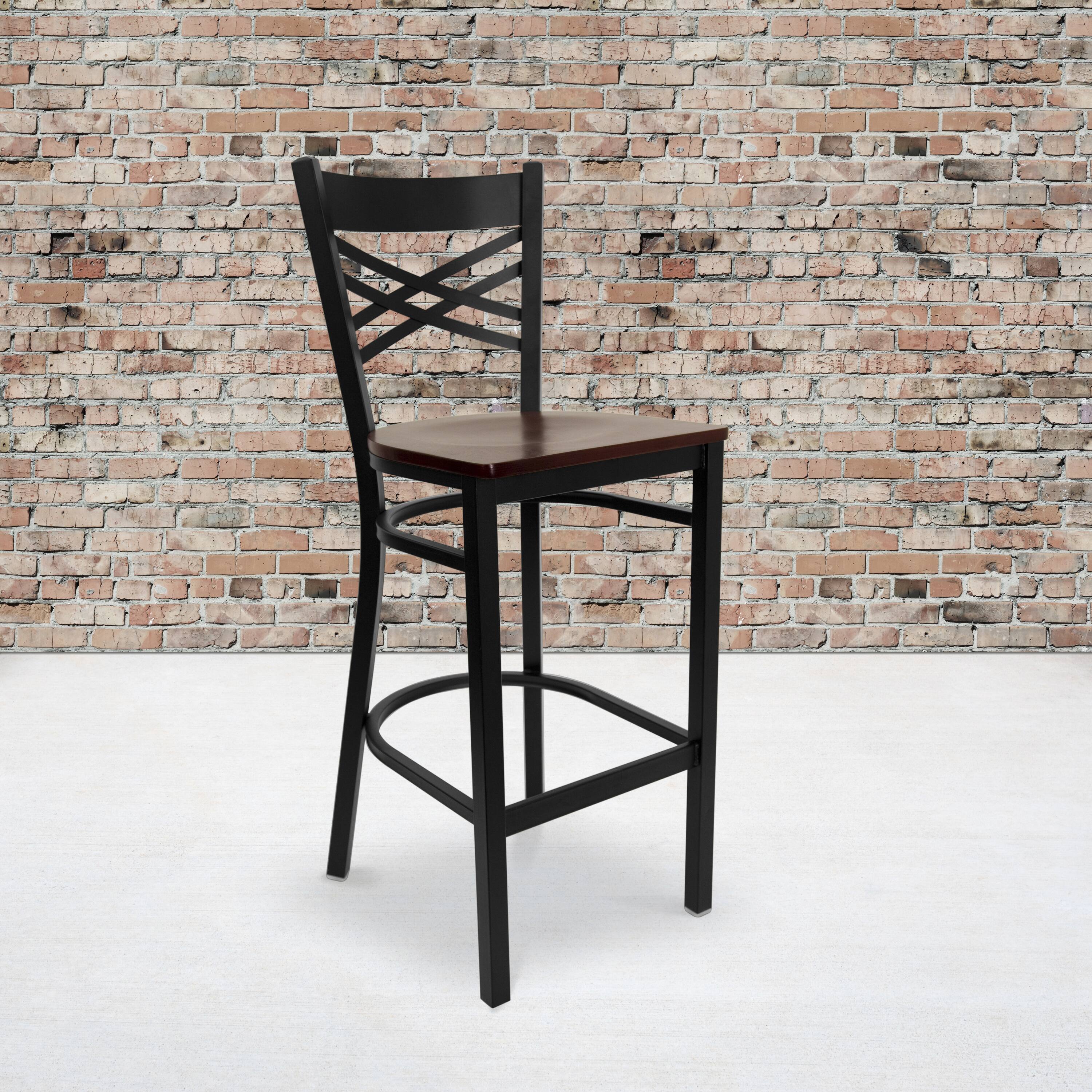 Alt View 2. Emma + Oliver - 2 Pack "X" Back Metal Restaurant Barstool - Mahogany Wood Seat/Black Metal Frame.